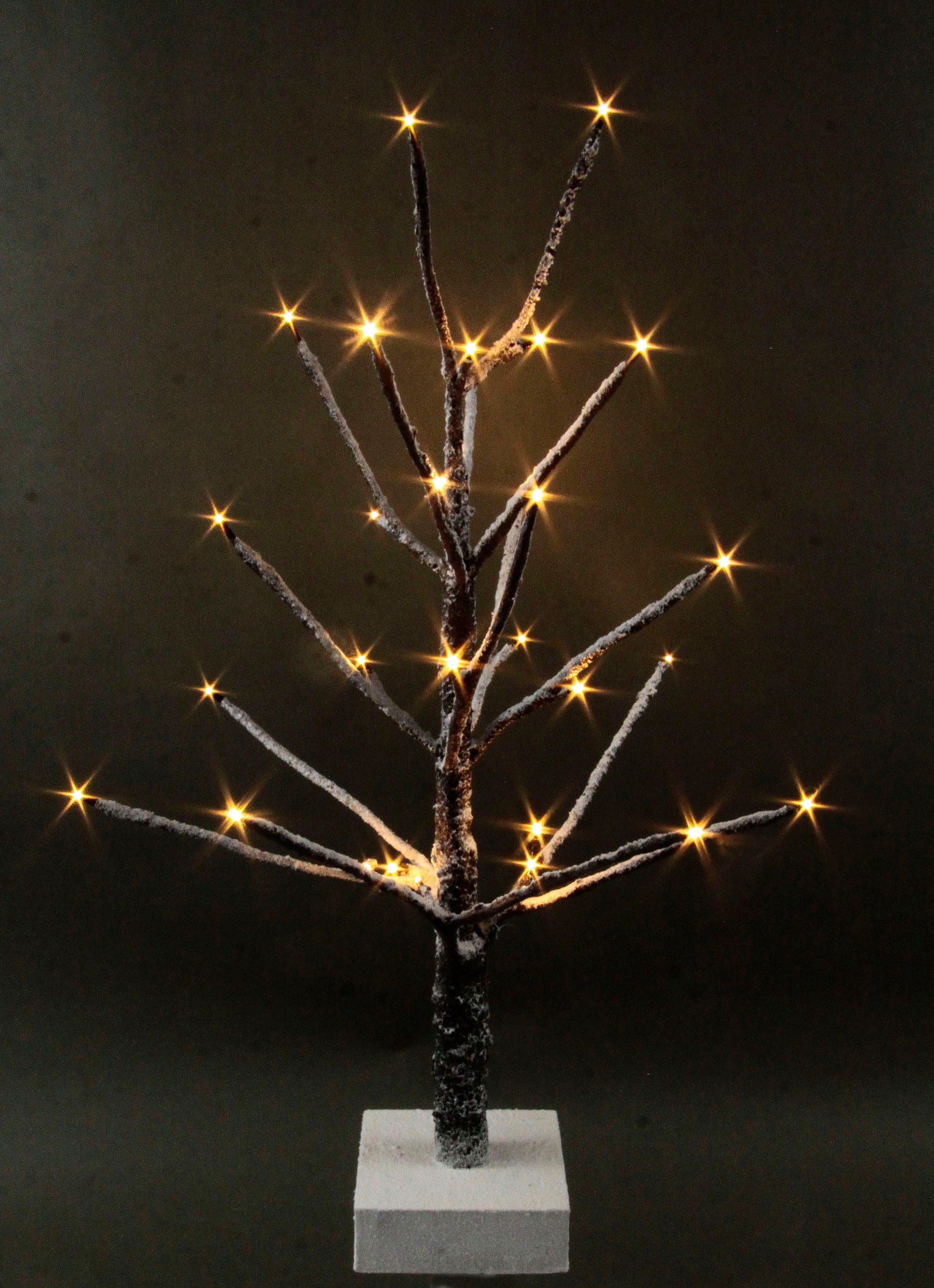 Holzfuß, Beleuchtung Kunstbaum, Künstlicher cm Warmweiß, LED Kunstschnee braun, LED I.GE.A. Weihnachtsdeko, 65 Baum fest mit Deko-Baum integriert, und auf Weihnachtsbaum,