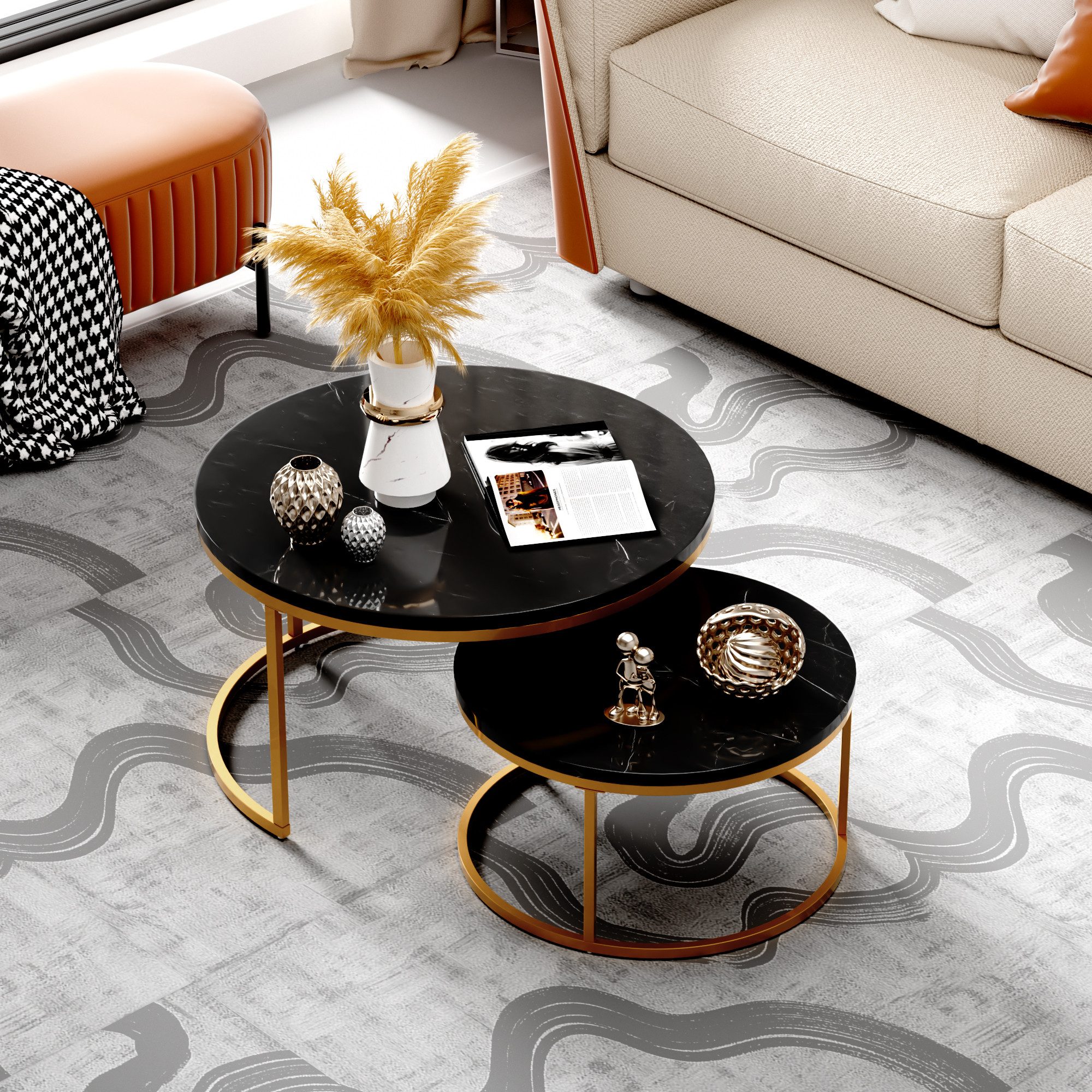 OKWISH Couchtisch Sofatisch (Wohnzimmertisch, Sofatisch, 2-St., Großer Tisch:80 x 80 cm, Kleiner Tisch: 60 x 60 cm), geschachtelter Beistelltisch