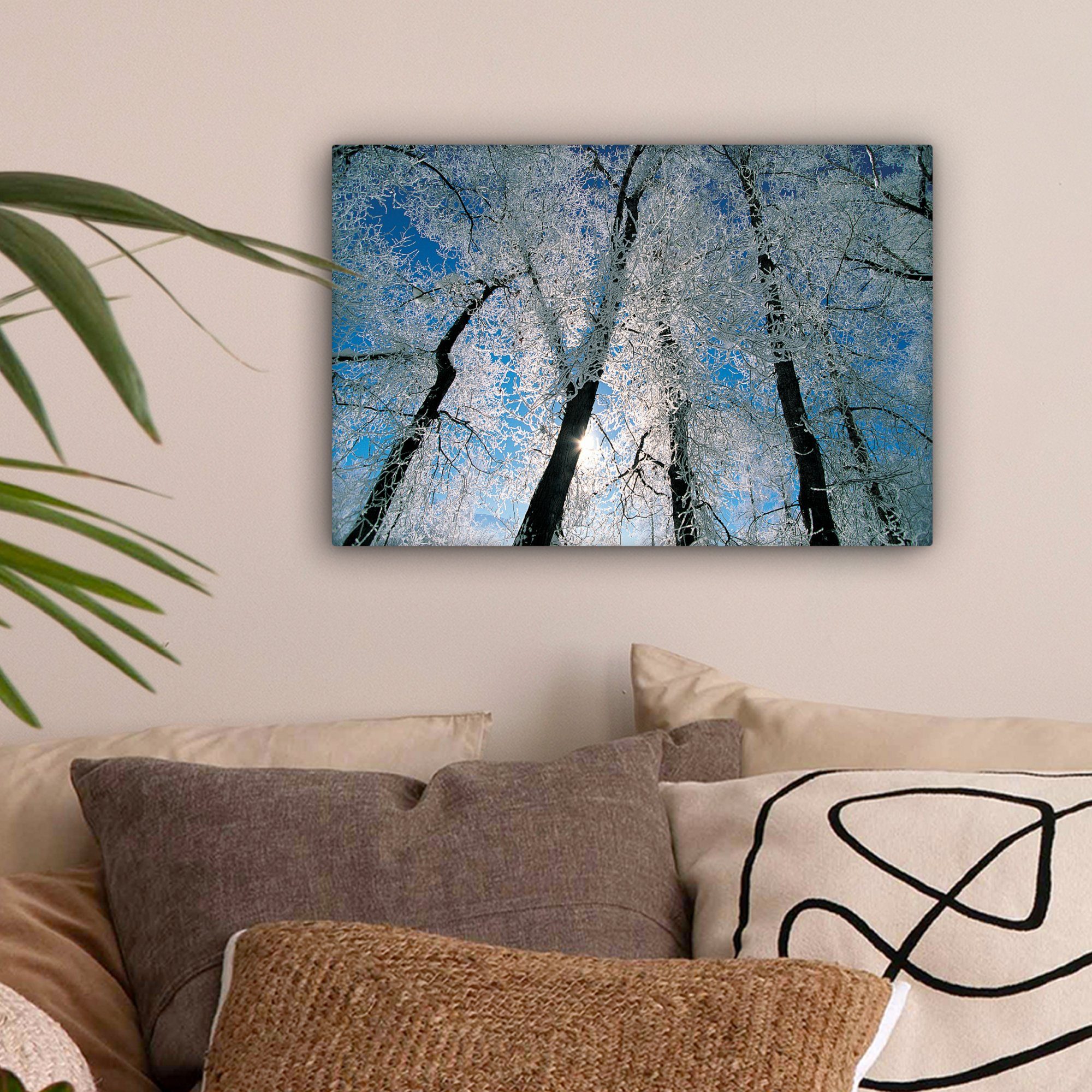 Aufhängefertig, Leinwandbilder, OneMillionCanvasses® Frost Leinwandbild Bäume, bedeckte St), (1 Wandbild 30x20 cm Wanddeko, Von