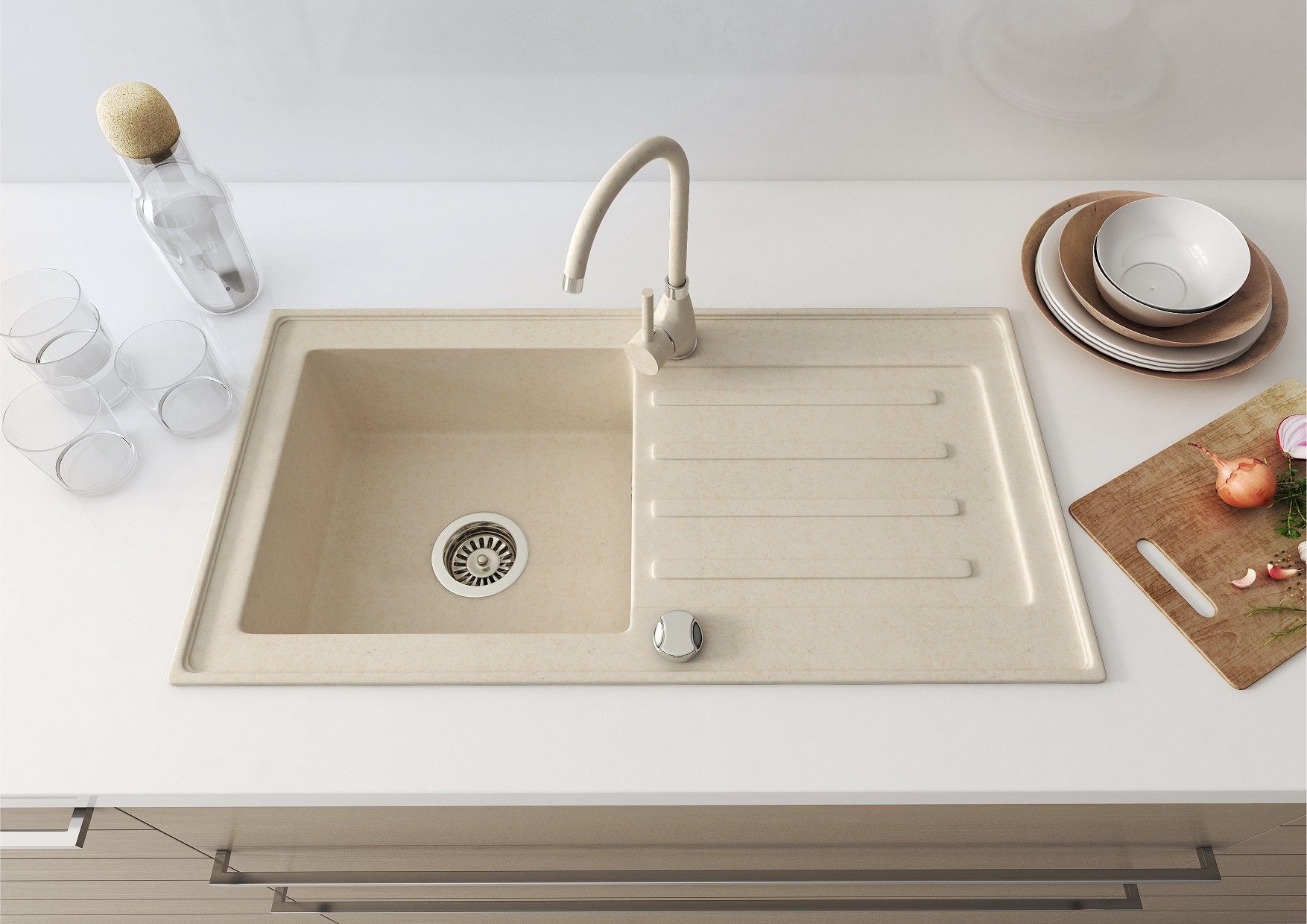 Faizee Möbel Granitspüle Granitspüle 76x44 + Armatur Spirale Küchenspüle Spülbecken, Eckig, 76/16 cm