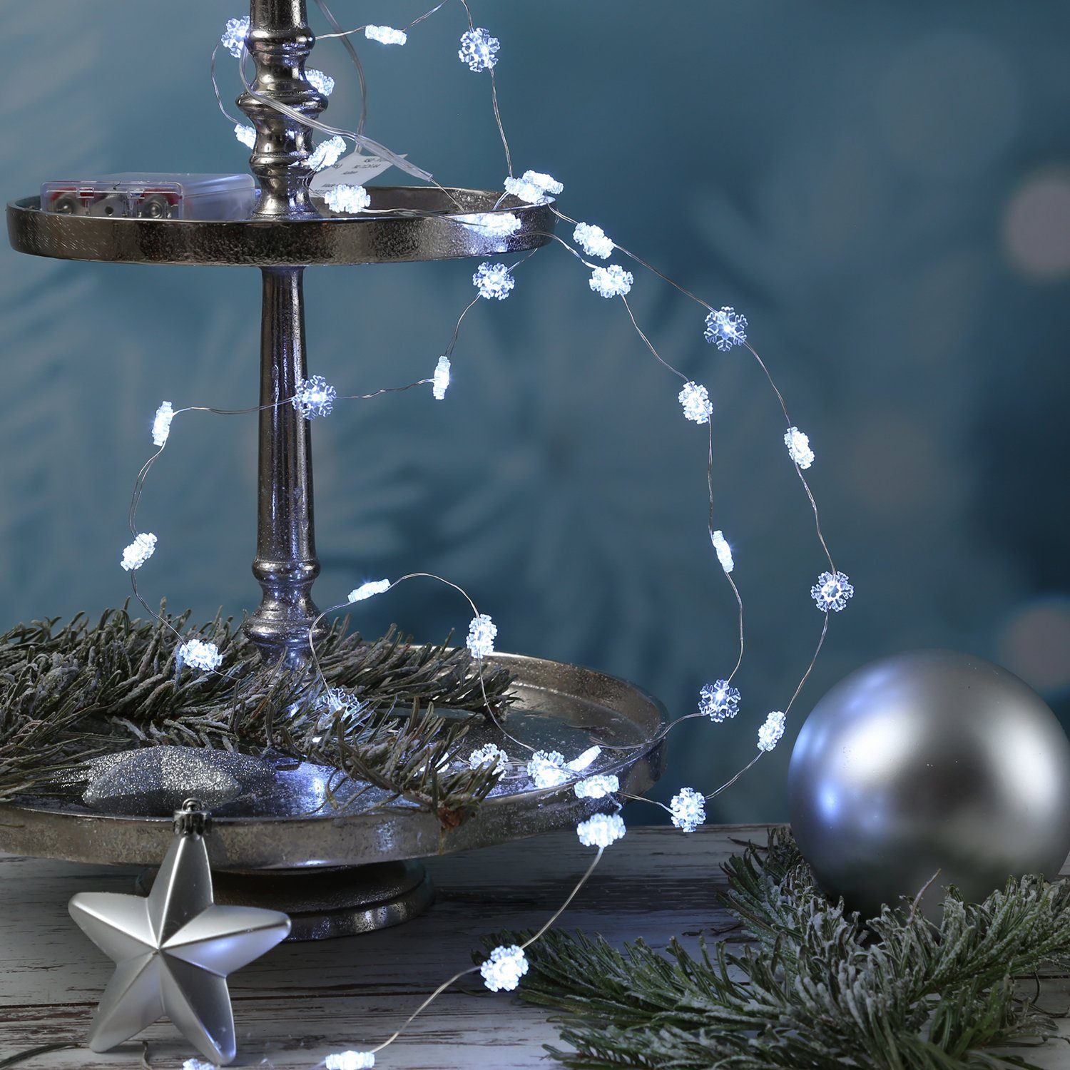 Schneeflocken MARELIDA 0,95m LED-Lichterkette 20-flammig Eisblume 20LED Draht Weihnachtsdeko, Timer