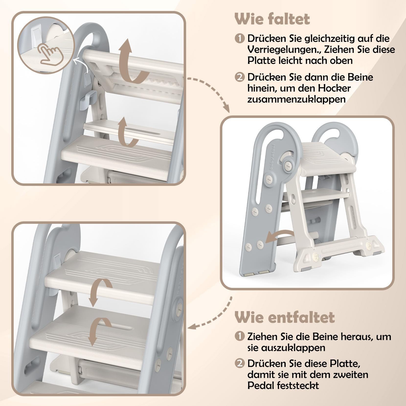 Onasti Tritthocker Kinder-Trittleiter, Tritthocker, Klappbar mit 3 Stufen