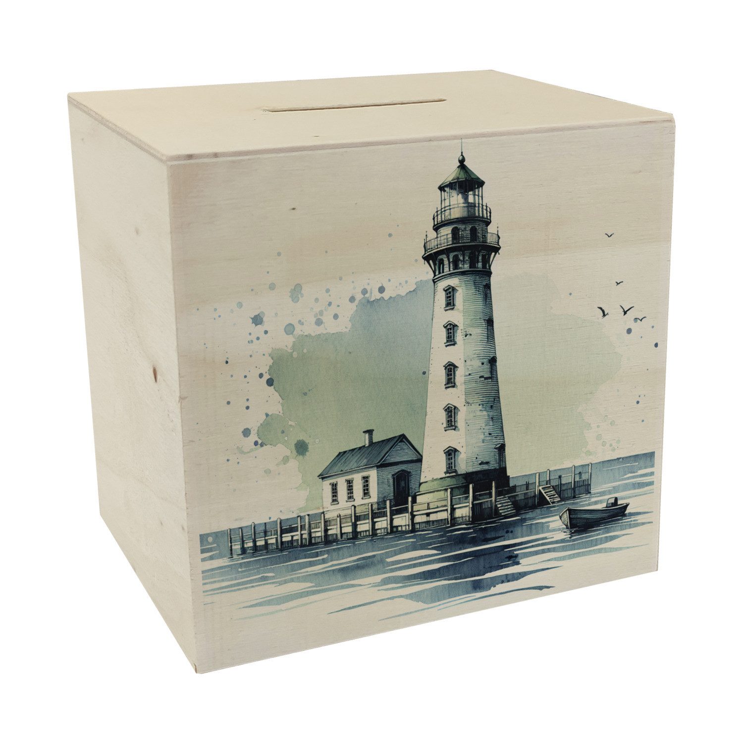 speecheese Spardose Leuchtturm an der Küste Spardose aus Holz
