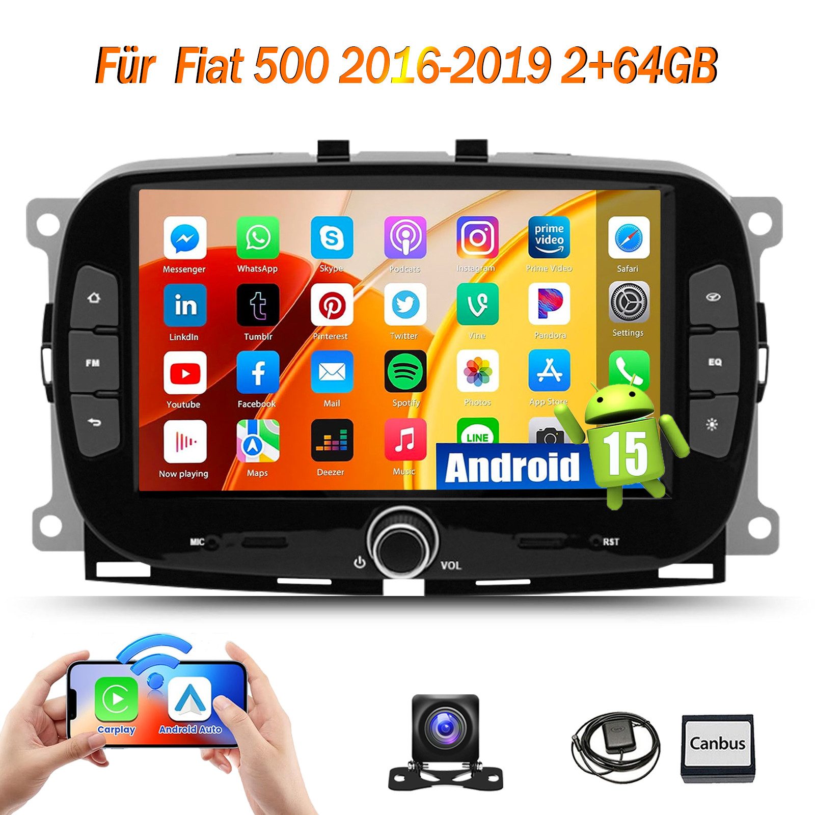ESSGOO DAB+ Carplay Für Fiat 500 2016-2019 Android 15 Autoradio GPS Navi WIFI Autoradio (FM, RDS, 4+64GB(optional), DAB+ (optional), Carplay Android Auto Bluetooth EQ USB GPS Navi WIFI Touchscreen)