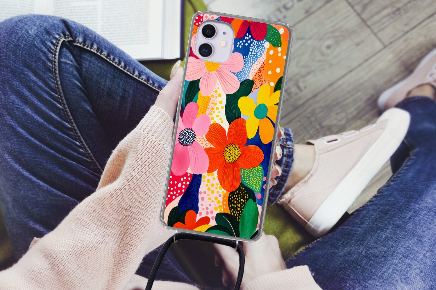 MuchoWow Handyhülle für Apple iPhone 12 Blumen - Bunt - Tupfen, Tragbare Handyhüllen mit Kette zum umhängen, Handykette Handyband
