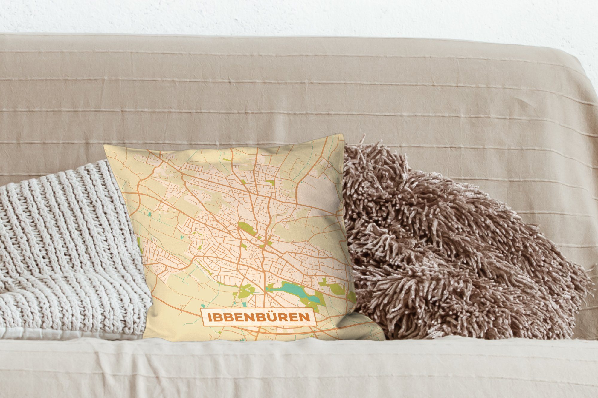 Stadtplan, Vintage Wohzimmer, MuchoWow Zierkissen Schlafzimmer, Karte mit Sofakissen - Füllung Ibbenbüren - Deko, Dekokissen für -