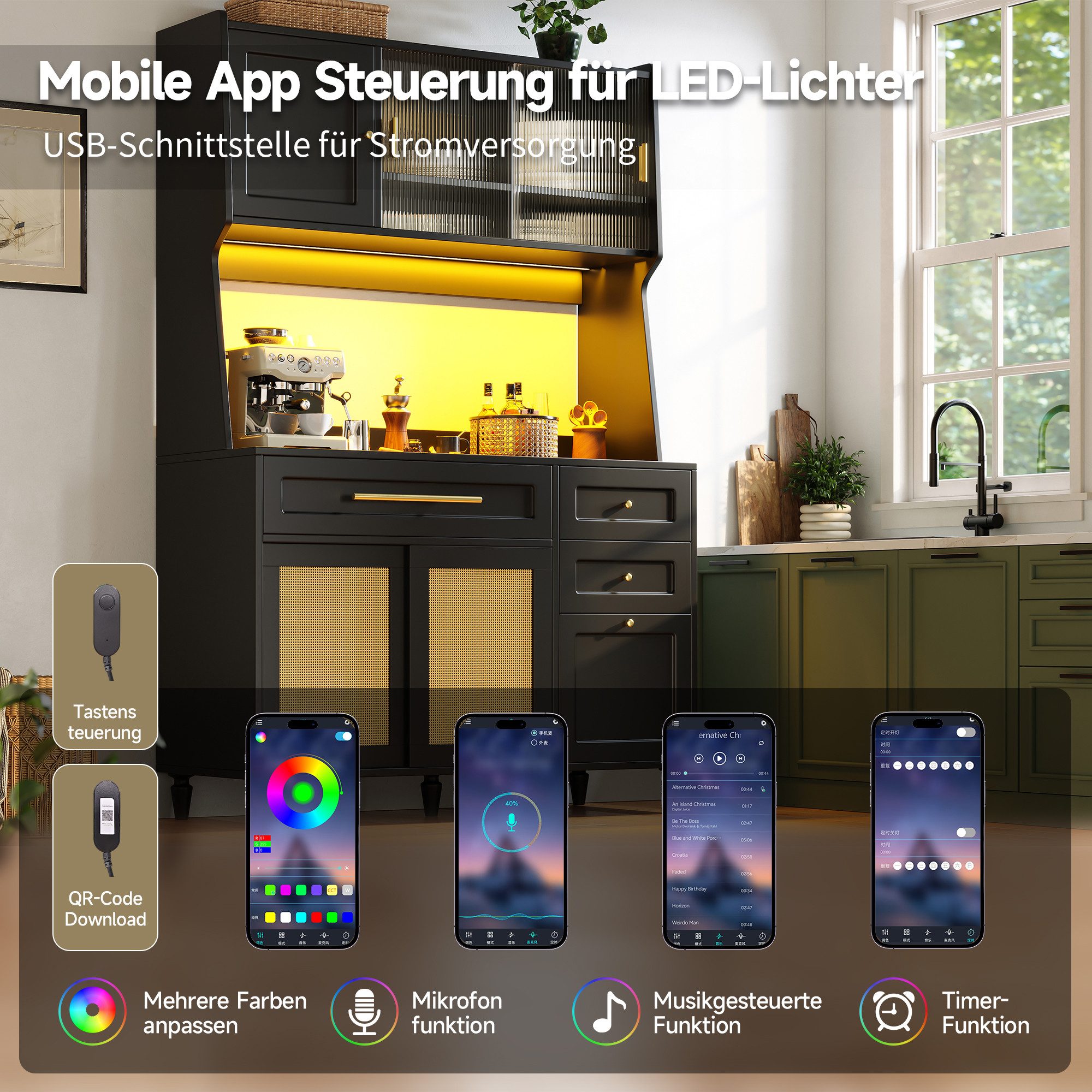 Flieks kitchen buffet with LED lighting, drawers, glass and rattan sliding doors (1 piece, W120/D45/H195.5 cm) Tall cabinet, kitchen cabinet, china cabinet with adjustable shelves