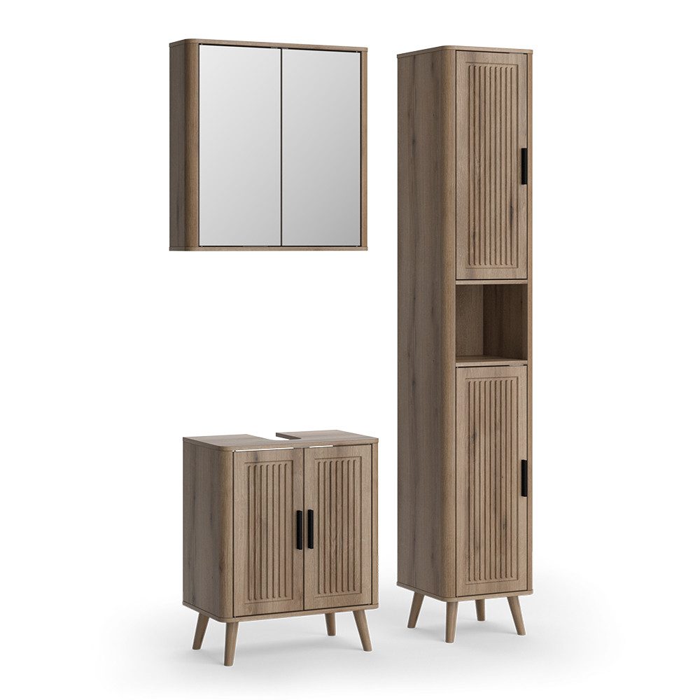 Vicco Badmöbel-Set Skara, Eiche, 3 Teile, mit Hochschrank, (3-St., 3er Set)