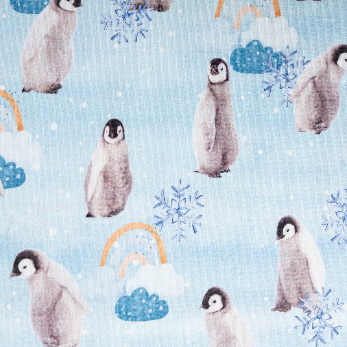 SCHÖNER LEBEN. Stoff Jersey Stoff Digitaldr. Pinguin Schneeflocke Wolken blau grau 1,45m B., allergikergeeignet