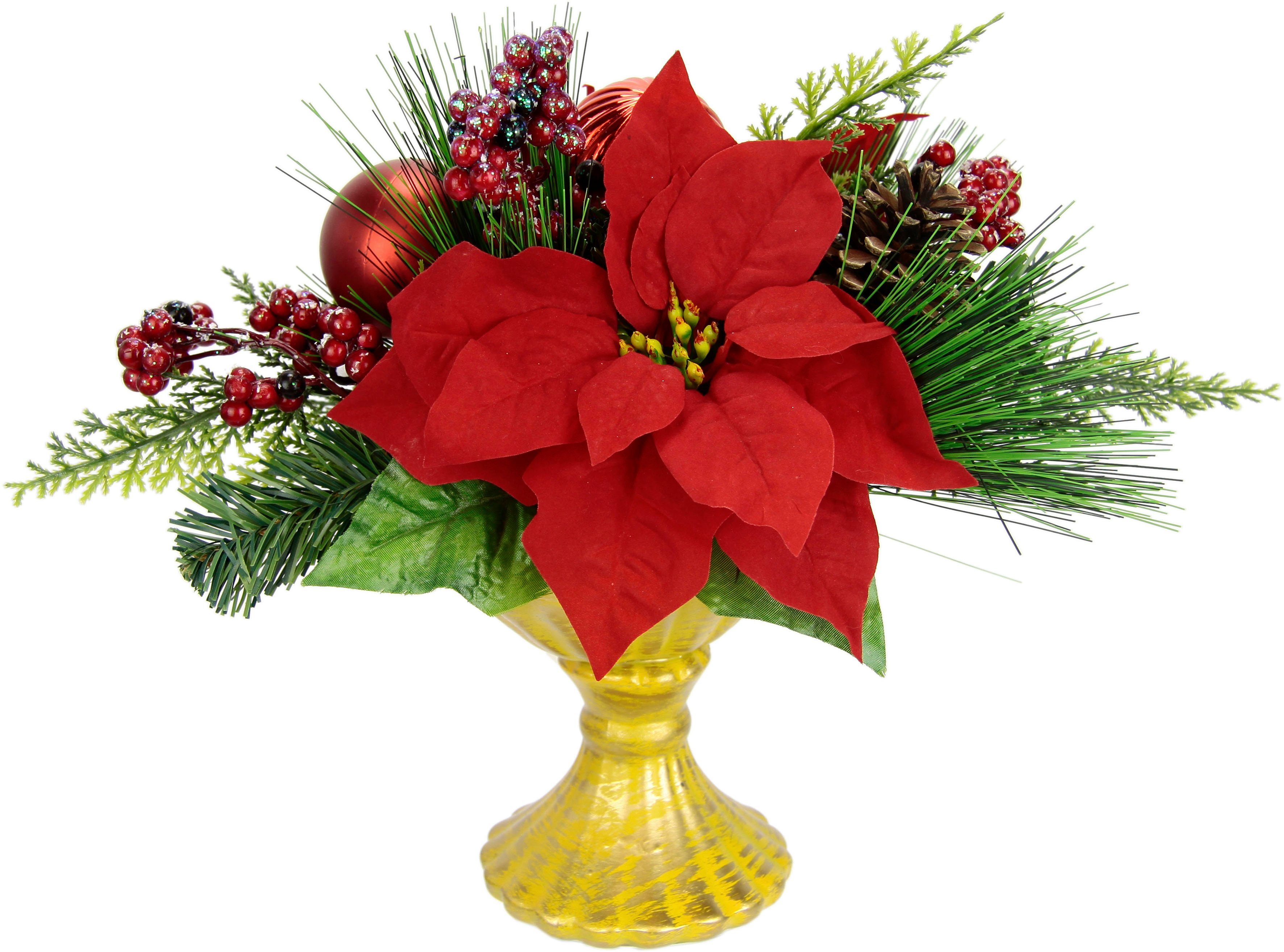 Winterliche Kunstpflanze Gesteck, Poinsettia im cm, 30 Pokal, Christstern, Kunstblumen-Arrangement, festliches Weihnachtdeko, Weihnachtsgesteck I.GE.A., Höhe Weihnachtsstern, Blumenensemble