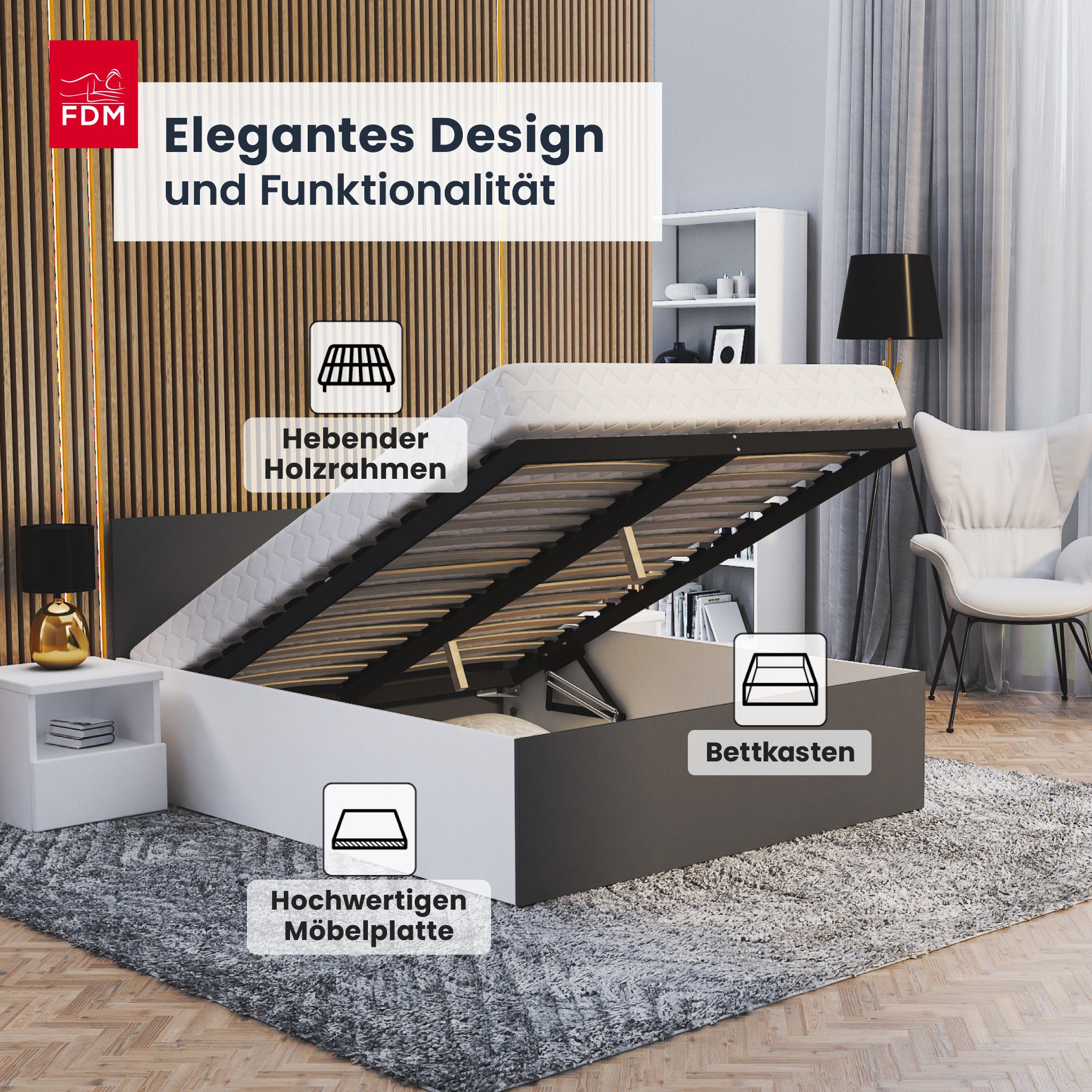 FDM Stauraumbett Bett Stauraumbett PANAMA RS Bettgestell 120x200 & weitere Größen, mit/ohne Matratze
