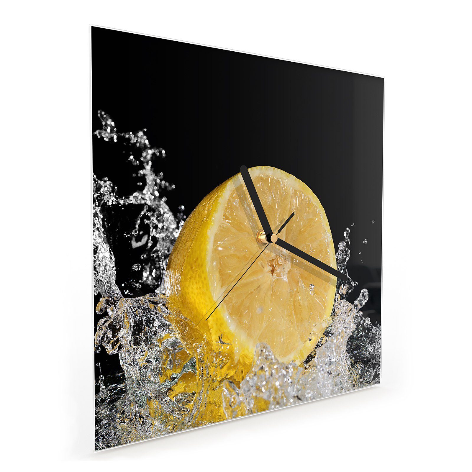 Primedeco Wanduhr Glasuhr Wanduhr x Motiv Wandkunst Größe Wassersplash 30 30 Zitrone cm auf mit