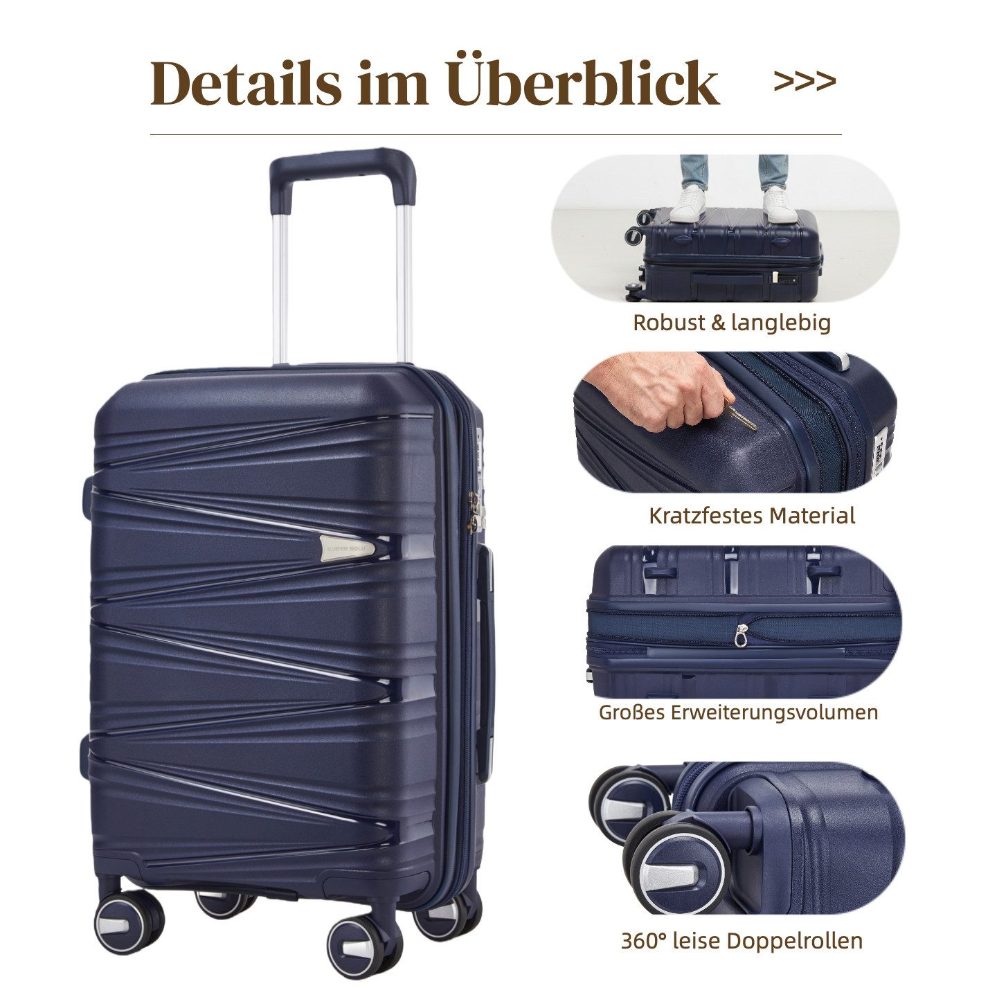 Super Solu Hartschalen-Trolley XL 74cm Polypropylen Koffer, Reisekoffer Erweiterbar Hartschale, 4 Rollen, 360° drehbar, Marineblau, leicht & robust, TSA, 28 Zoll
