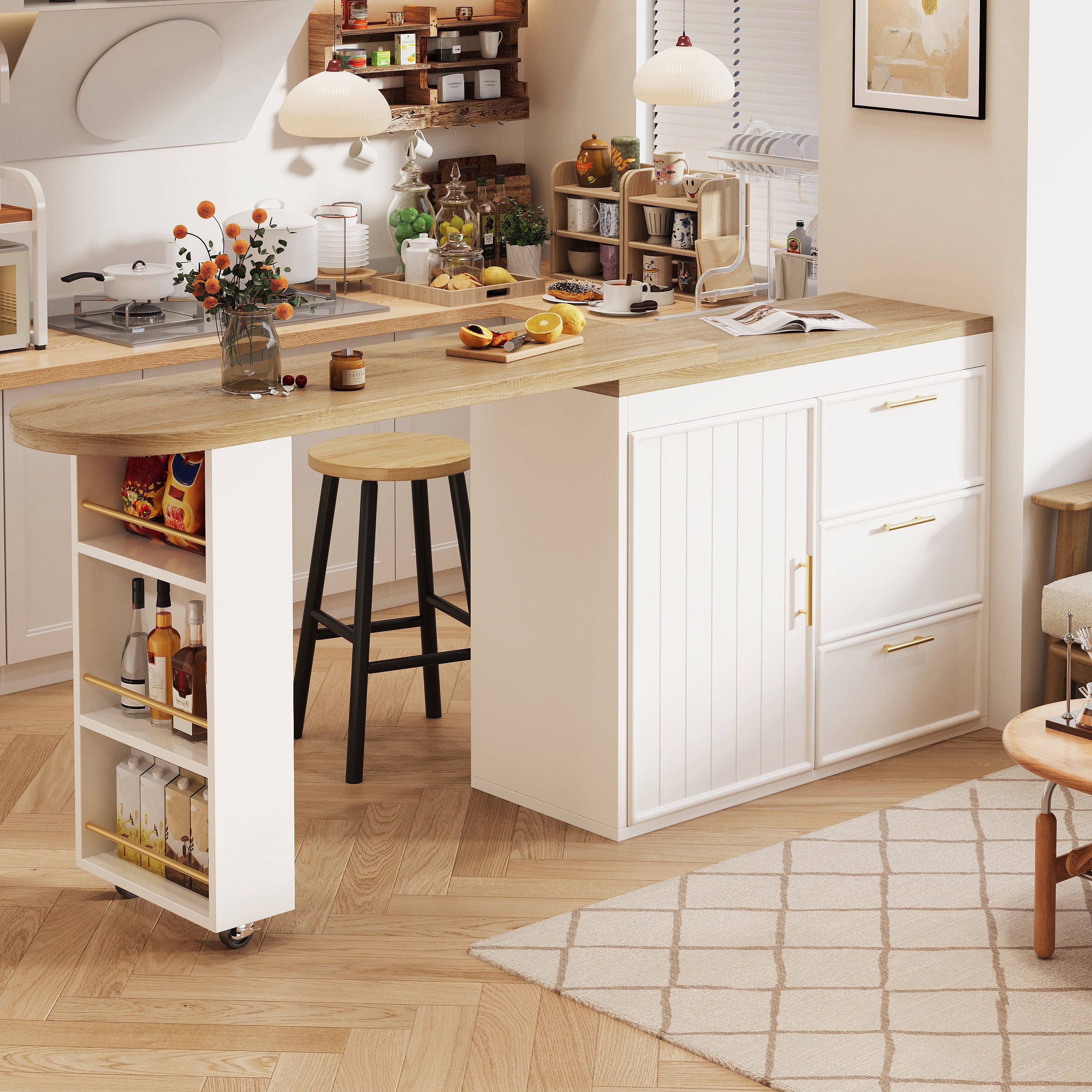 Flieks Bartisch 360° drehbarer Stehtisch & Kommode mit 3 Schubladen (Set, 2-St., 2er Set), Küchenschrank & schwenkbarer Tisch mit Arbeitsplatte in Holzoptik