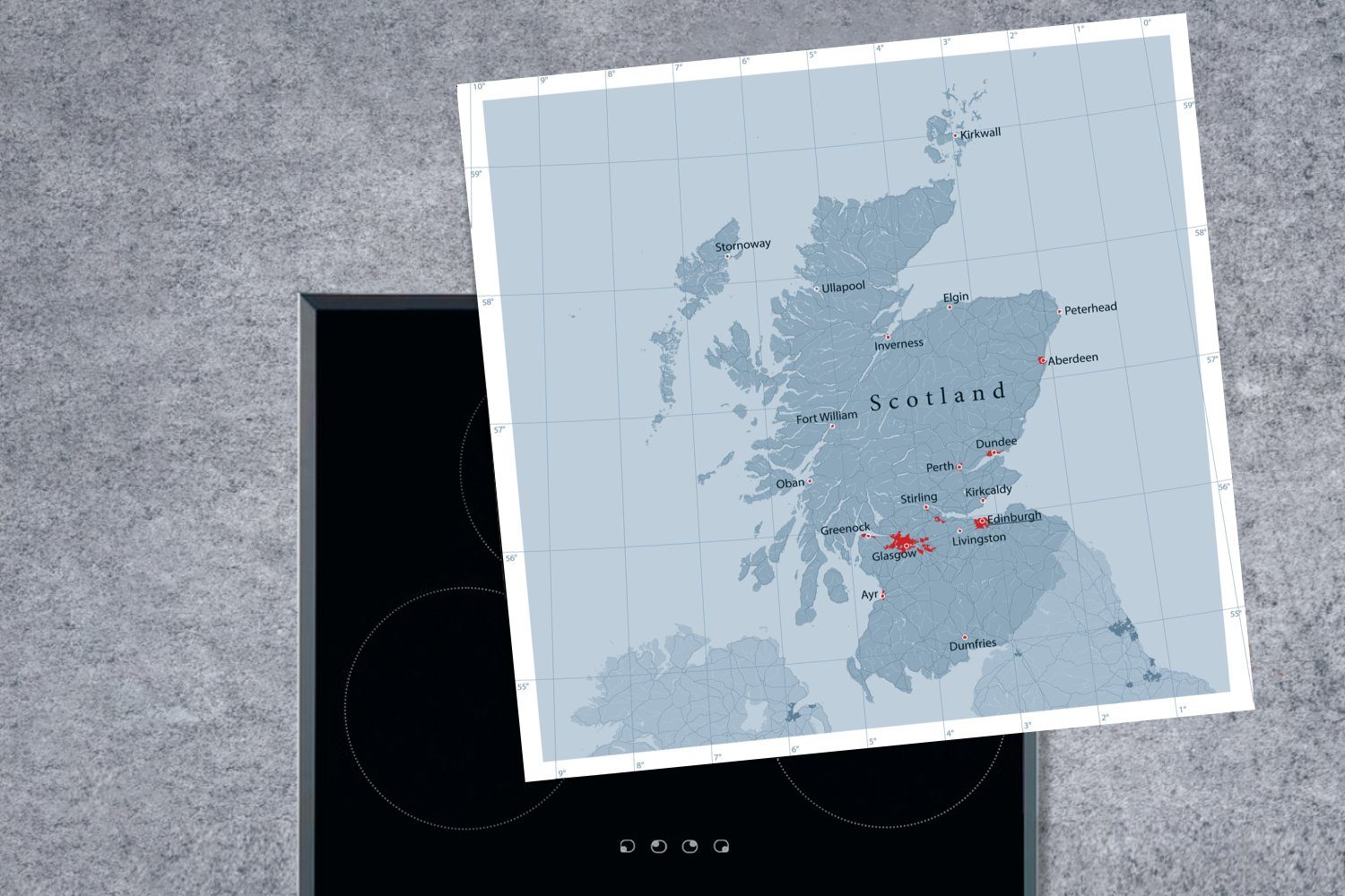 Schottland Vinyl, tlg), von Ceranfeldabdeckung, den küche für Blaue Städten, Arbeitsplatte wichtigsten Herdblende-/Abdeckplatte MuchoWow mit cm, 78x78 Karte (1