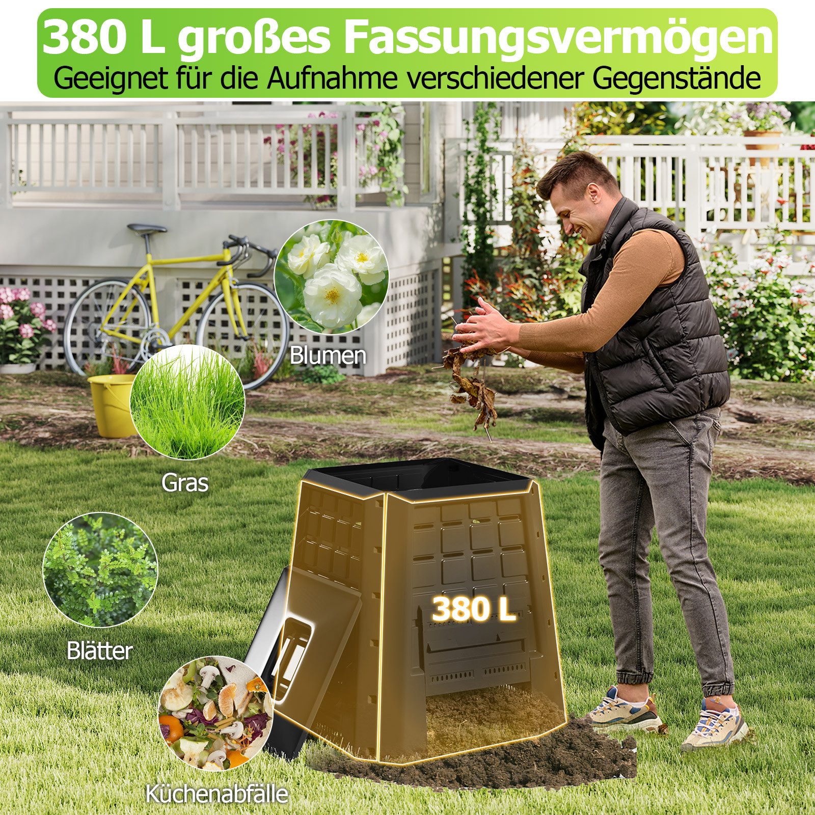 KOMFOTTEU Komposter, 380 l, Schnellkomposter mit Belüftung, Deckel & Tür