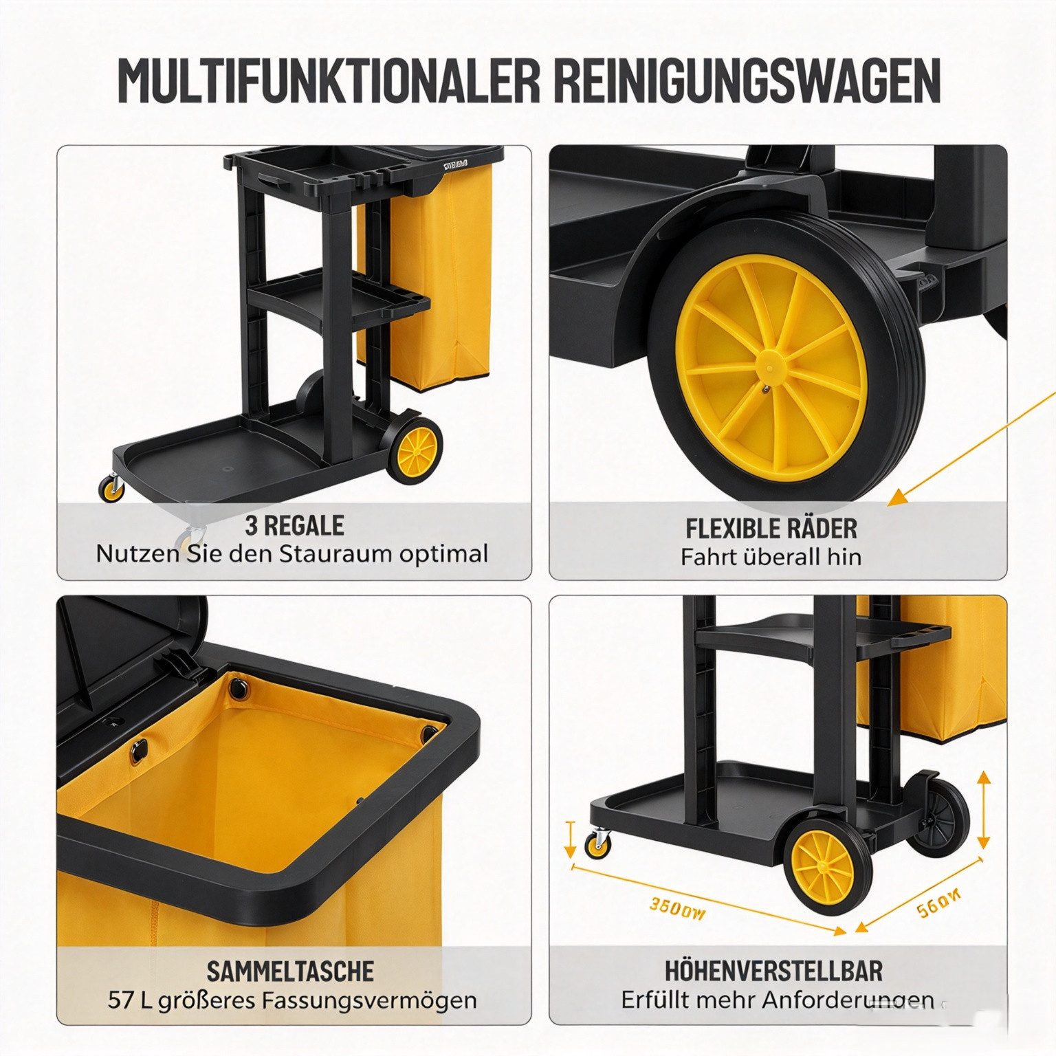 VINGLI Putzwagen Reinigungswagen Multifunktional Servierwagen für Reinigung, (mit 3 Ablage), 57L Mülltasche Abnehmbar, TPR-Rollen, Klappdeckel, Aufhängehaken – Bild 2 von 5
