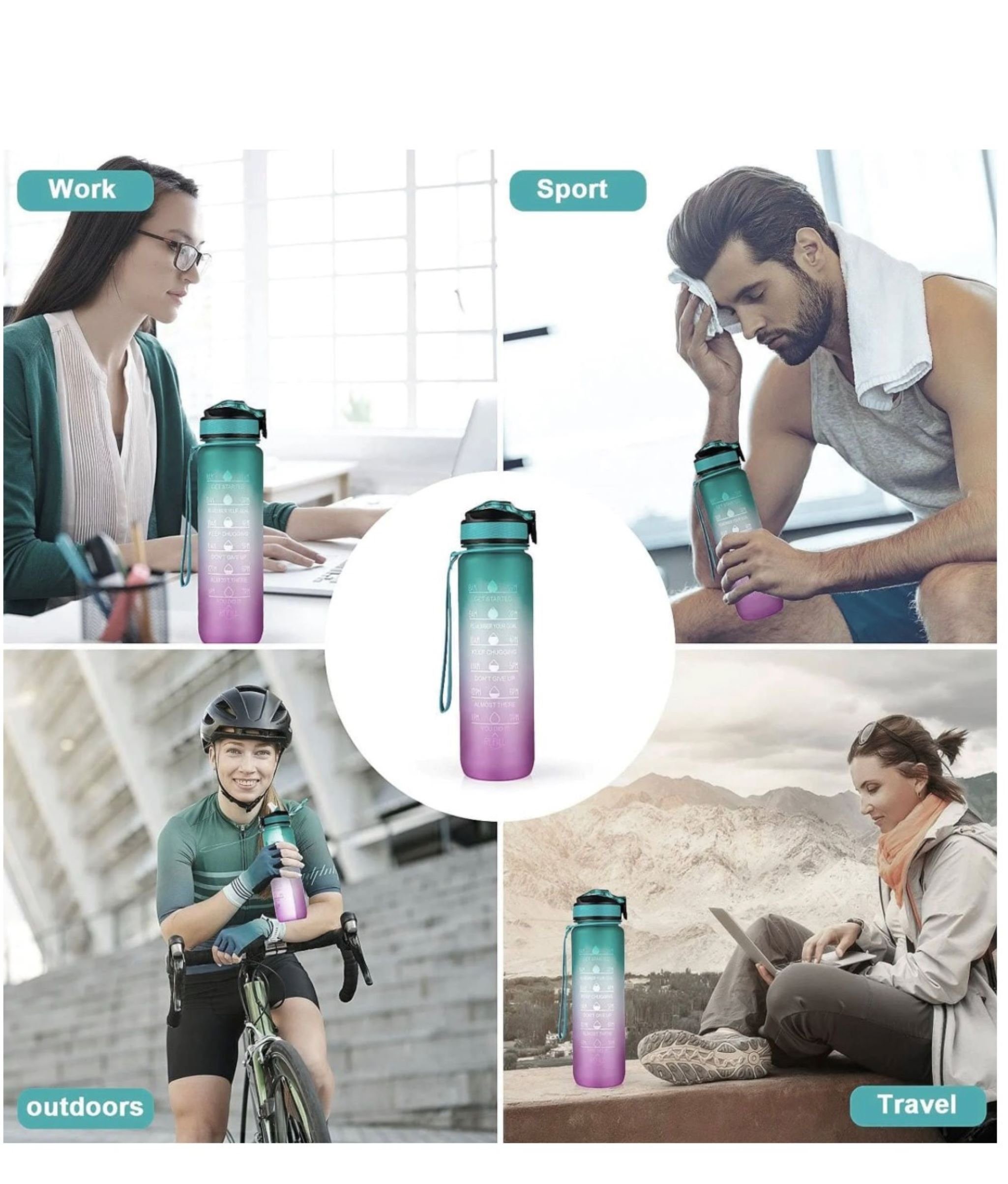 Schule, motivierend Trink Ausflug, auslaufsicher, Trinkflasche Fitness, blau Wasser leicht, 1 gelb Büro, Sportflasche Sport, lila Botells Motivation Strohhalm, Skala, l,