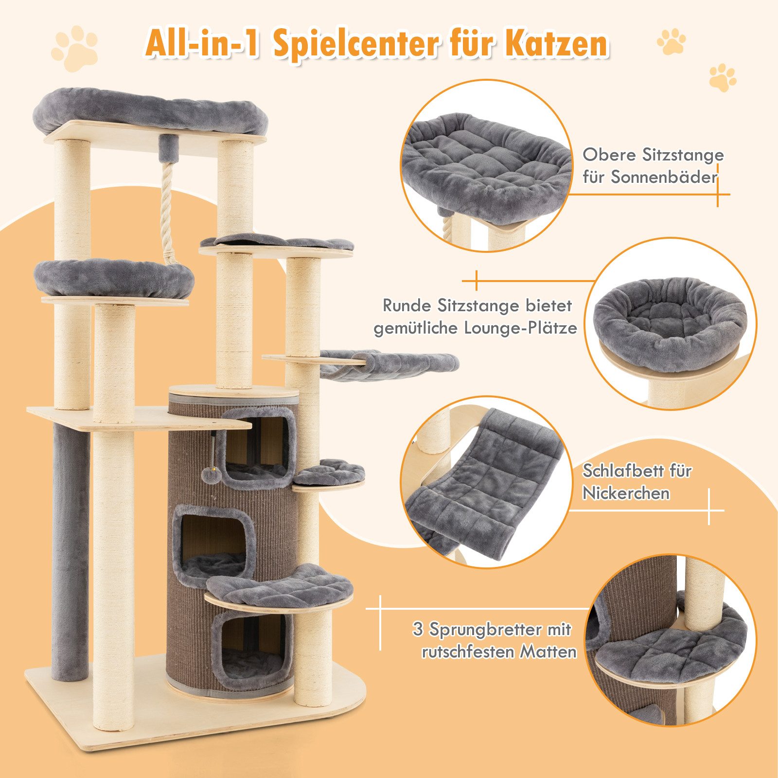 KOMFOTTEU Kratzbaum, aus Holz mit Sitzfläche Oben, 3-stöckiger Katzenhöhle