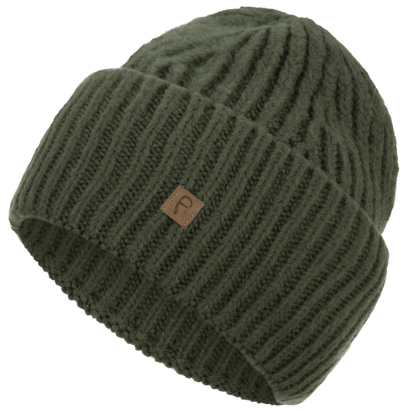 Faera Strickmütze (1-St) Wintermütze Winter Damen Aufschlag Beanie oliv breiter Grobstrick Mütze