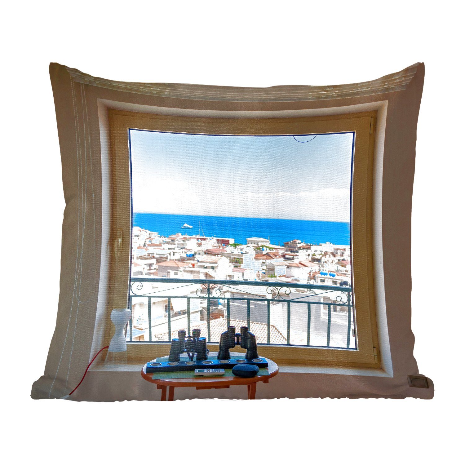 MuchoWow Dekokissen Meerblick aus einem Fenster in Griechenland, Zierkissen mit Füllung für Wohzimmer, Schlafzimmer, Deko, Sofakissen