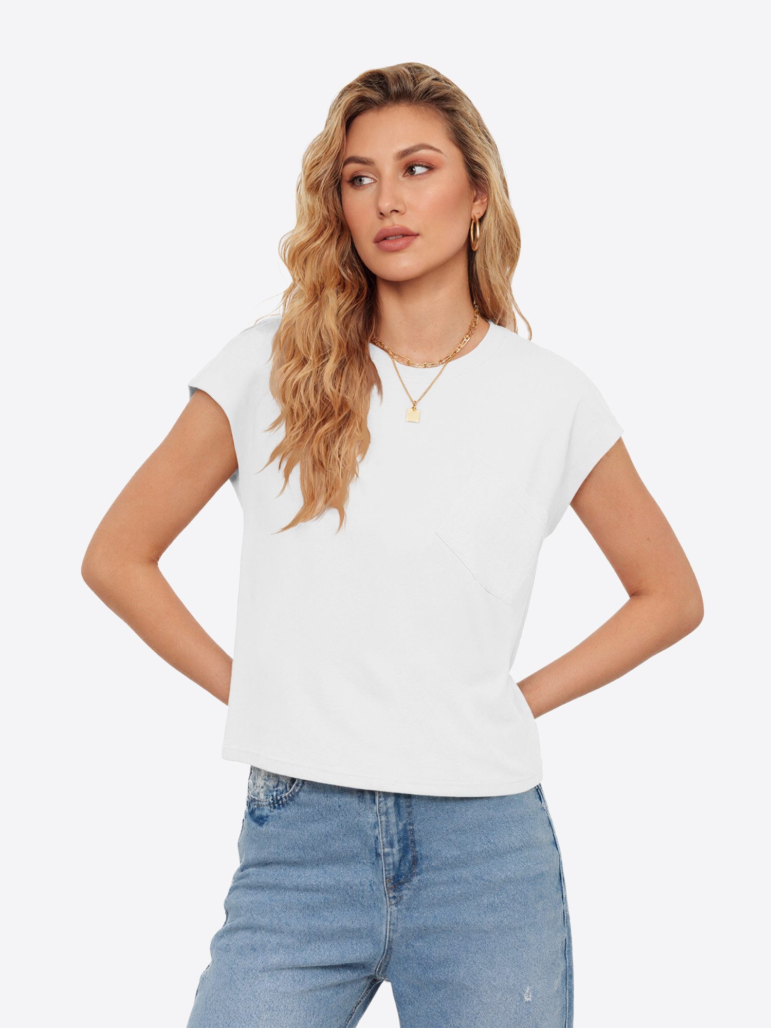 Imily Bela T-Shirt Damen weit geschnitten Bluse mit Brusttasche (Packung, 1-tlg., 1per-Pack) in Unifarbe