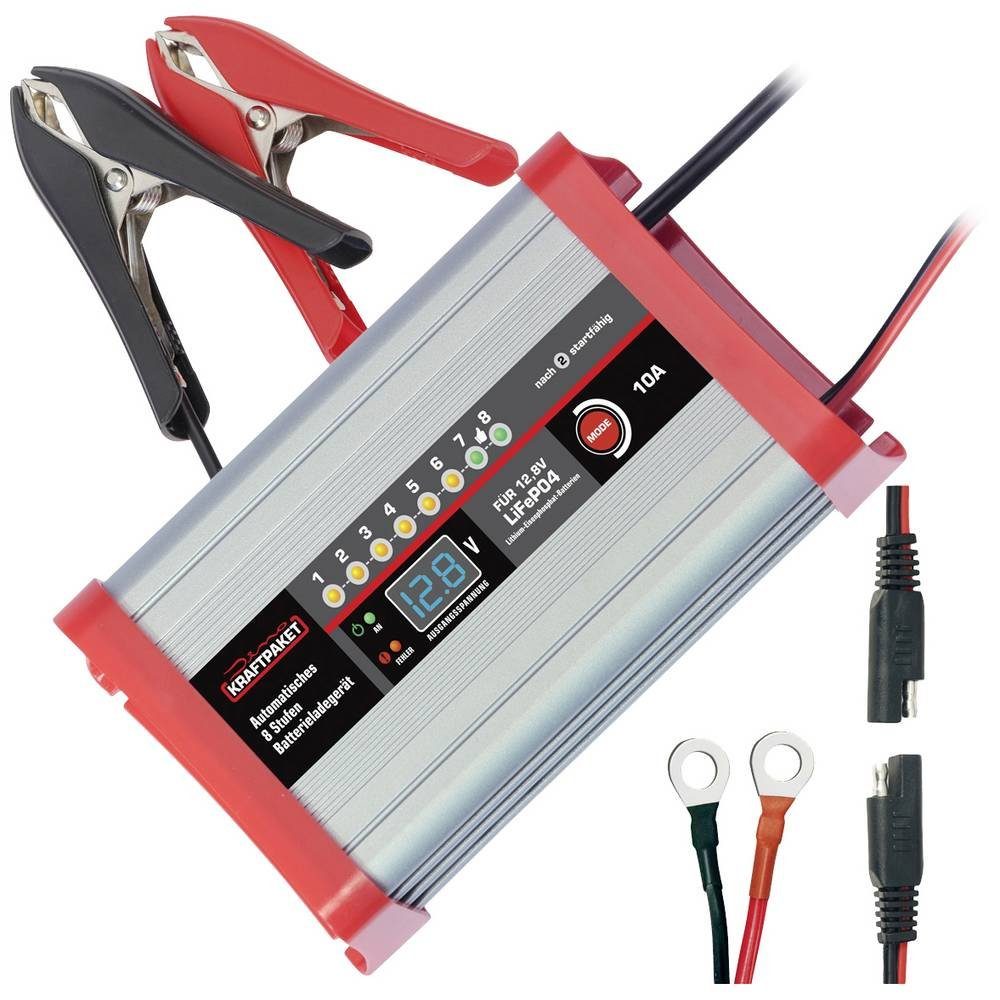 Dino KRAFTPAKET LifePo4-Lader 12.8V-10A Autobatterie-Ladegerät (Ladeüberwachung, Ladungserhaltung, verschiedene Ladeprogramme)