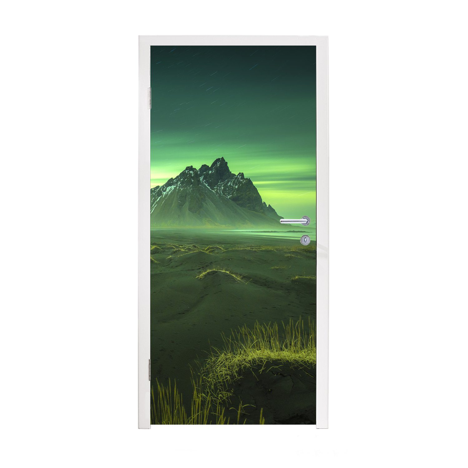 MuchoWow Türtapete Nordlichter - Berg - Grün - Island, Matt, bedruckt, (1 St), Fototapete für Tür, Türaufkleber, 75x205 cm