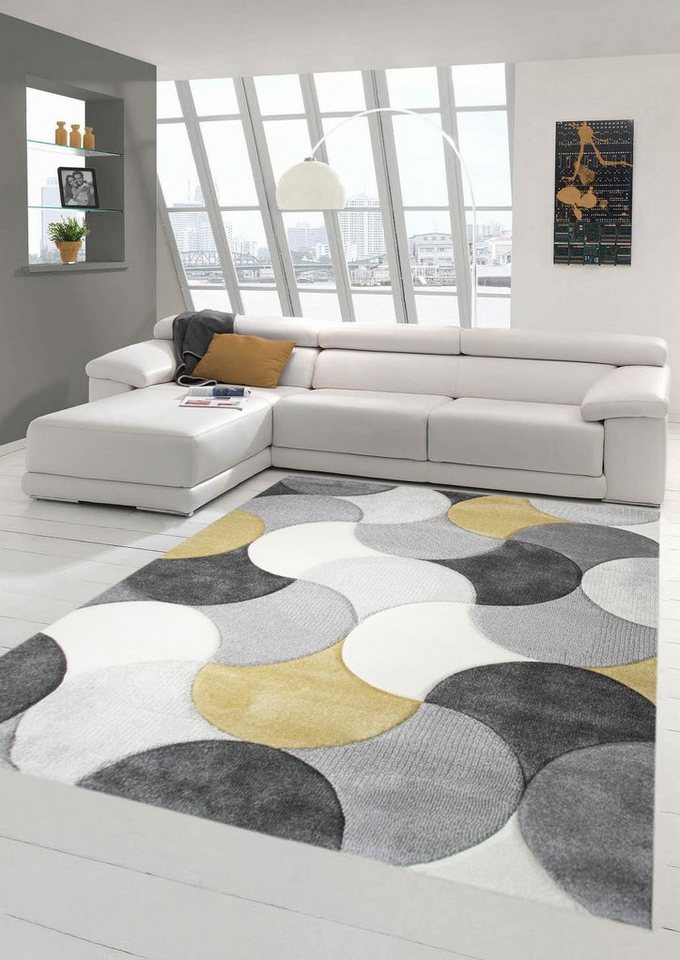 Teppich Designer und Moderner Teppich Kurzflor mit Tropfen Muster in Grau  Creme Gelb, Teppich-Traum, rechteckig, Höhe: 13 mm