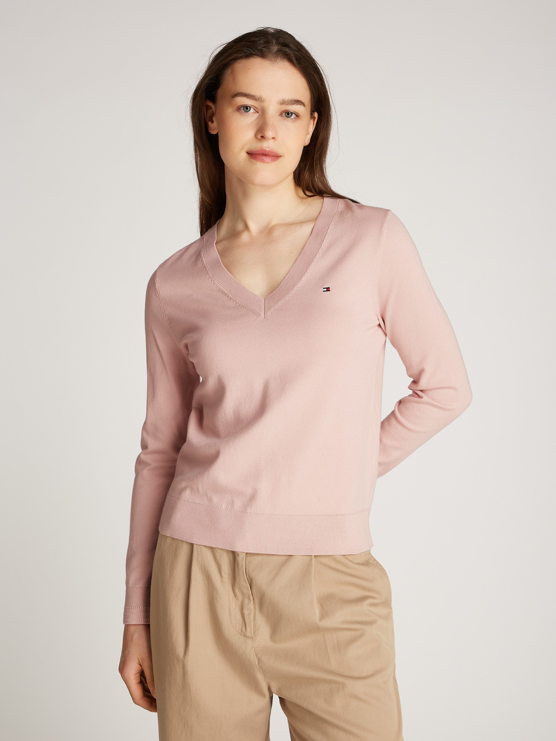 Tommy Hilfiger V-Ausschnitt-Pullover mit Logo-Stickerei günstig online kaufen