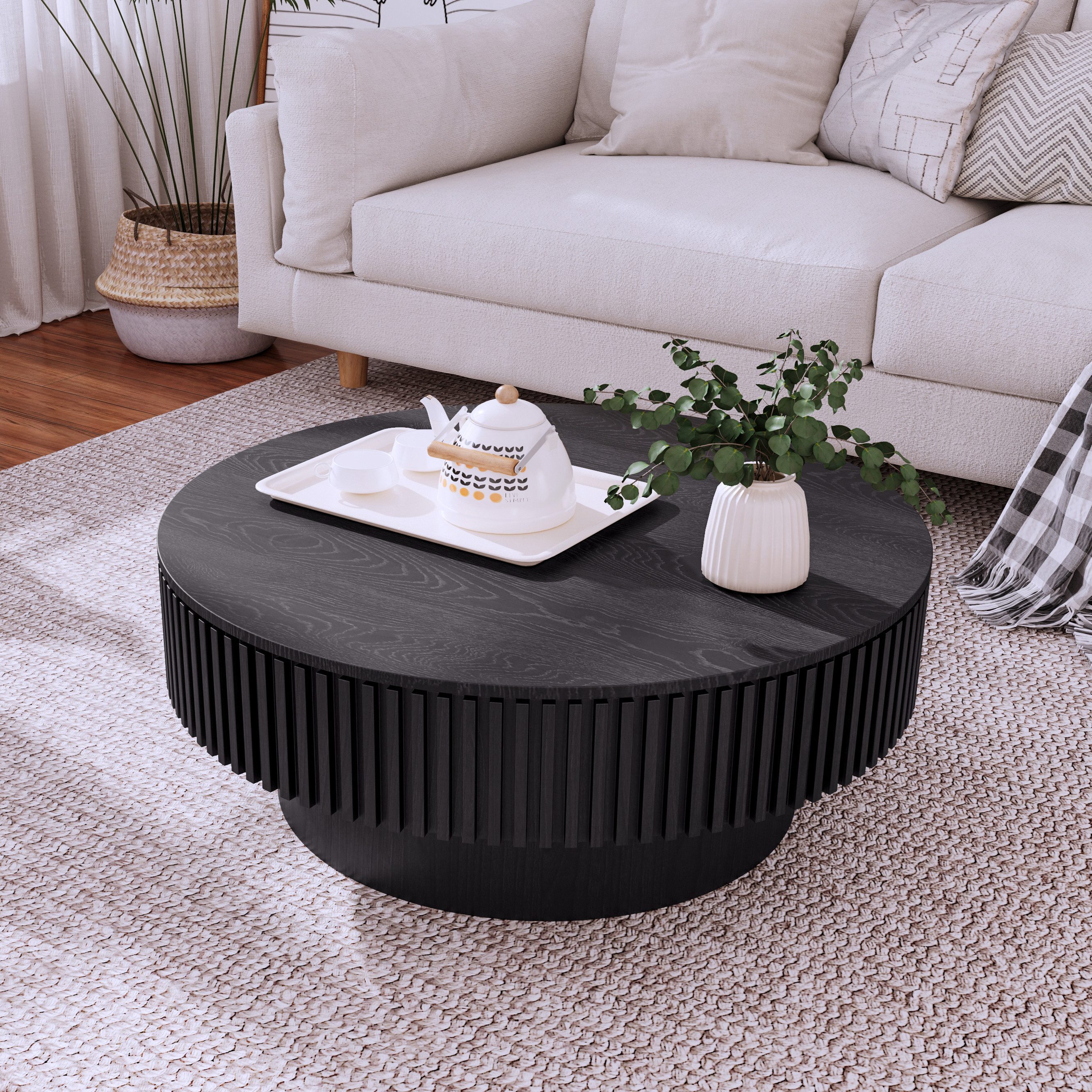 MODFU Couchtisch Ø75 cm mit Stauraum, Schwarz, MDF mit Holzfurnier (Packung, 1-St., runder Akzenttisch, Stabile Holzkonstruktion, platzsparend & elegant), Ideal für Schlafzimmer, Wohnbereich & Arbeitszimmer