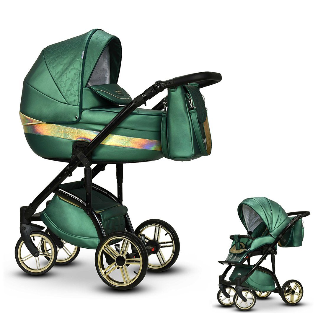 babies-on-wheels Kombi-Kinderwagen 2 in 1 Kinderwagen-Set Vip Lux - 11 Teile - in 16 Farben Grün-Gold-Dekor