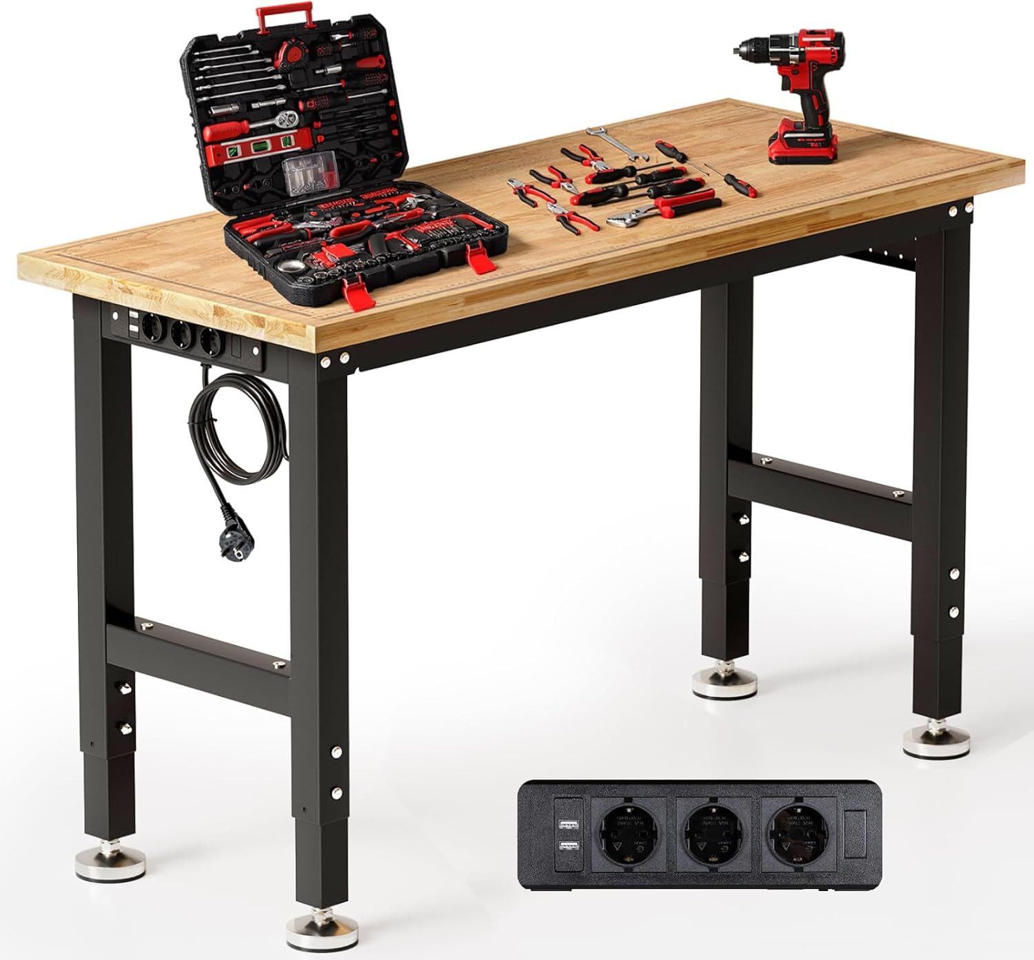 TLGREEN Werkbank 122x51cm Höhenverstellbar (80-100cm), (mit Stromanschluss (3 Steckdosen + 2 USB) & Werkzeugboard), für Werkstatt, Garage & Heimwerken, Werkbank aus Massivholz Gummibaum