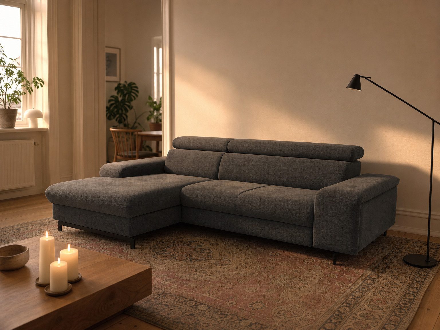 foamnova Schlafsofa Vaasa, B 262 cm, Recamiere inklusive, klappbare Kopfstützen,