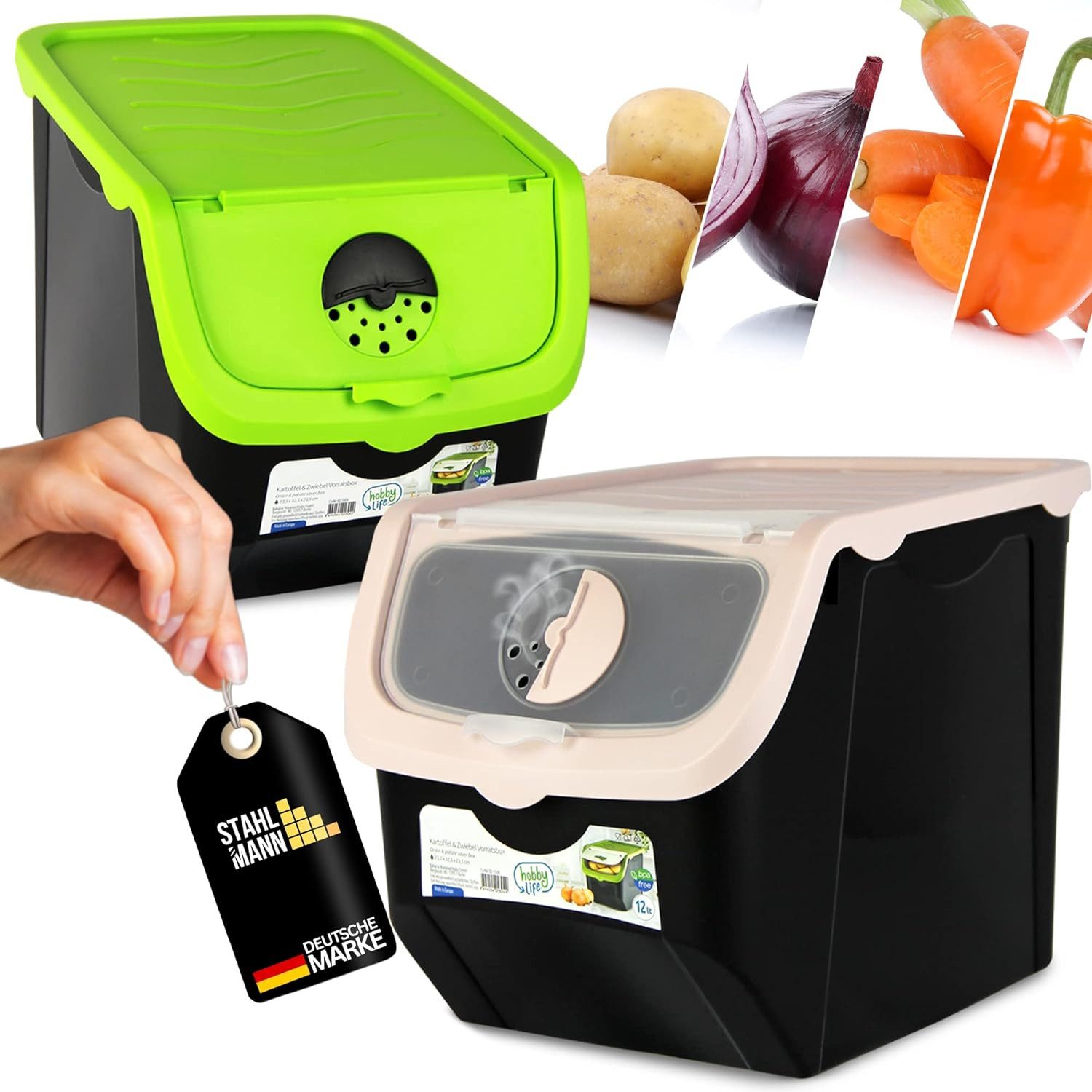 STAHLMANN COMMERCE GmbH Aufbewahrungsdose Kartoffel Aufbewahrungsbox 2er Set Kartoffelbox mit Entnahmeklappe (Spar- Set, 2er Set), Ideal für Zwiebel Aufbewahrung - Gemüsebox 12L