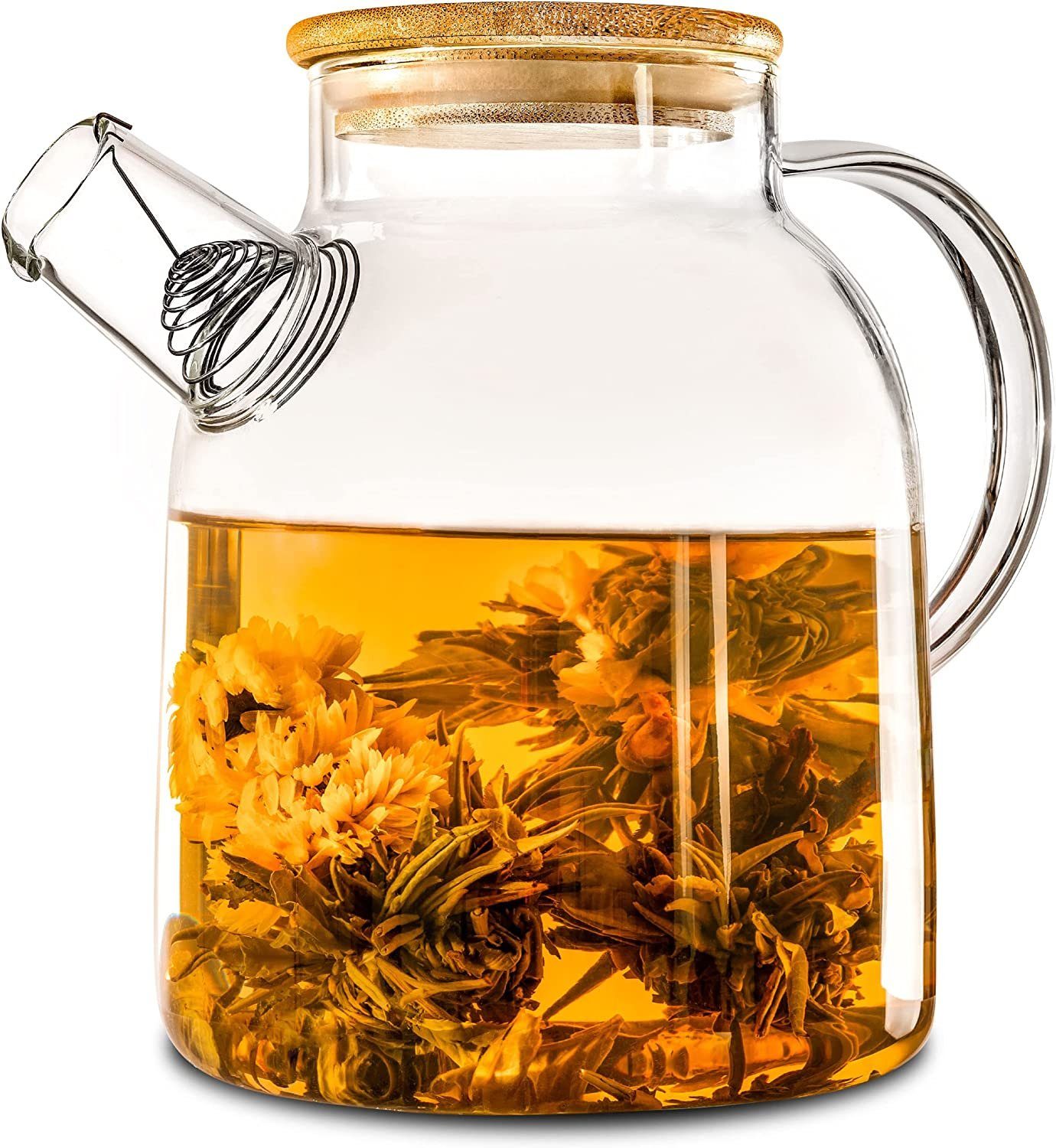 Cosumy Teekanne Glaskanne mit Bambusdeckel 1,5 L, 1,5 l, (Packung, Teekanne mit Deckel), Teekanne mit Bambus Deckel 1,5 Liter - Filter im Auslauf - Spülmaschinenfest - Krug für Kalte/Heiße Getränke