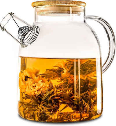 Cosumy Teekanne Glaskanne mit Bambusdeckel 1,5 L, 1,5 l, (Packung, Teekanne mit Deckel), Teekanne mit Bambus Deckel 1,5 Liter - Filter im Auslauf - Spülmaschinenfest - Krug für Kalte/Heiße Getränke