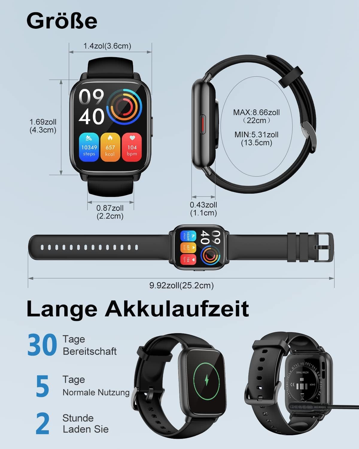 RUIMEN H1 Smartwatch (4,6 cm, android ios), BLUETOOTH SMARTWATCH MIT TELEFONFUNKTION FITNESSMODI