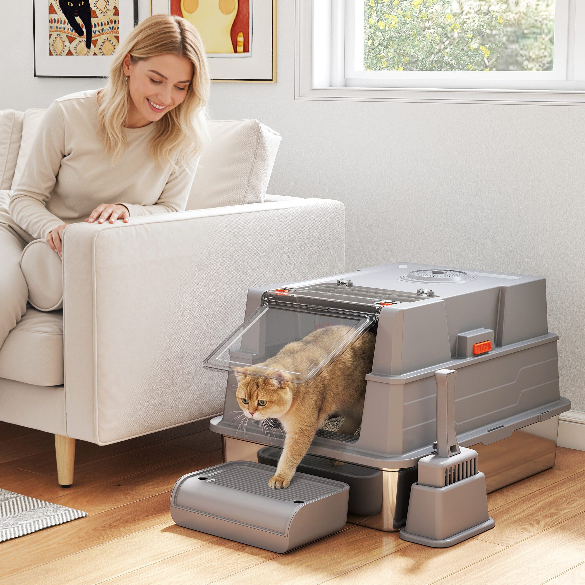 PawHut Katzentoilette 130L XXL Katzenklo mit 180° Klappdeckel Hohen Seitenwänden Schaufel, aus Edelstahl für 3 Katzen mit jeweils bis 10 kg 70 x 50 x 43 cm Grau
