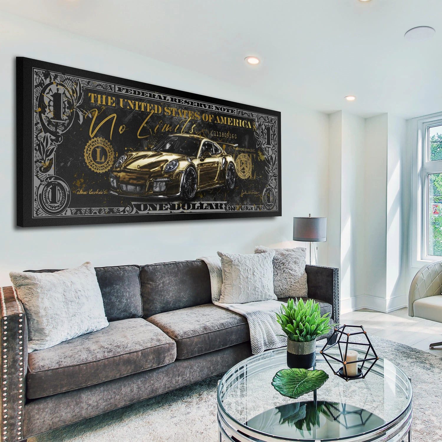 Artedinoi Leinwandbild Sportwagen Gold No Limits Dollar Leinwandbild Wandbild XL Deko, Sportwagen mit Geld-Motiv