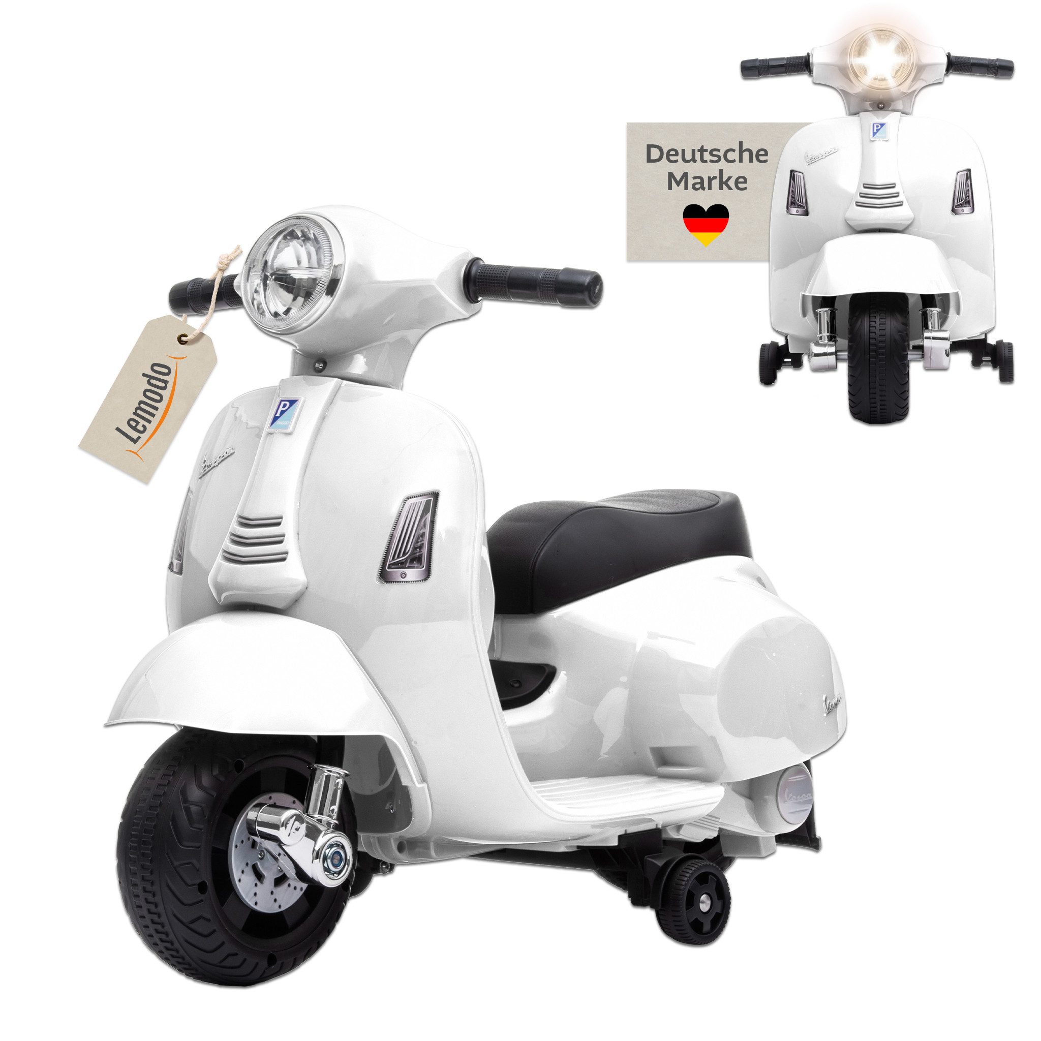 Lemodo Elektro-Kinderroller VESPA mit abnehmbaren Stützrädern, Elektromotorrad