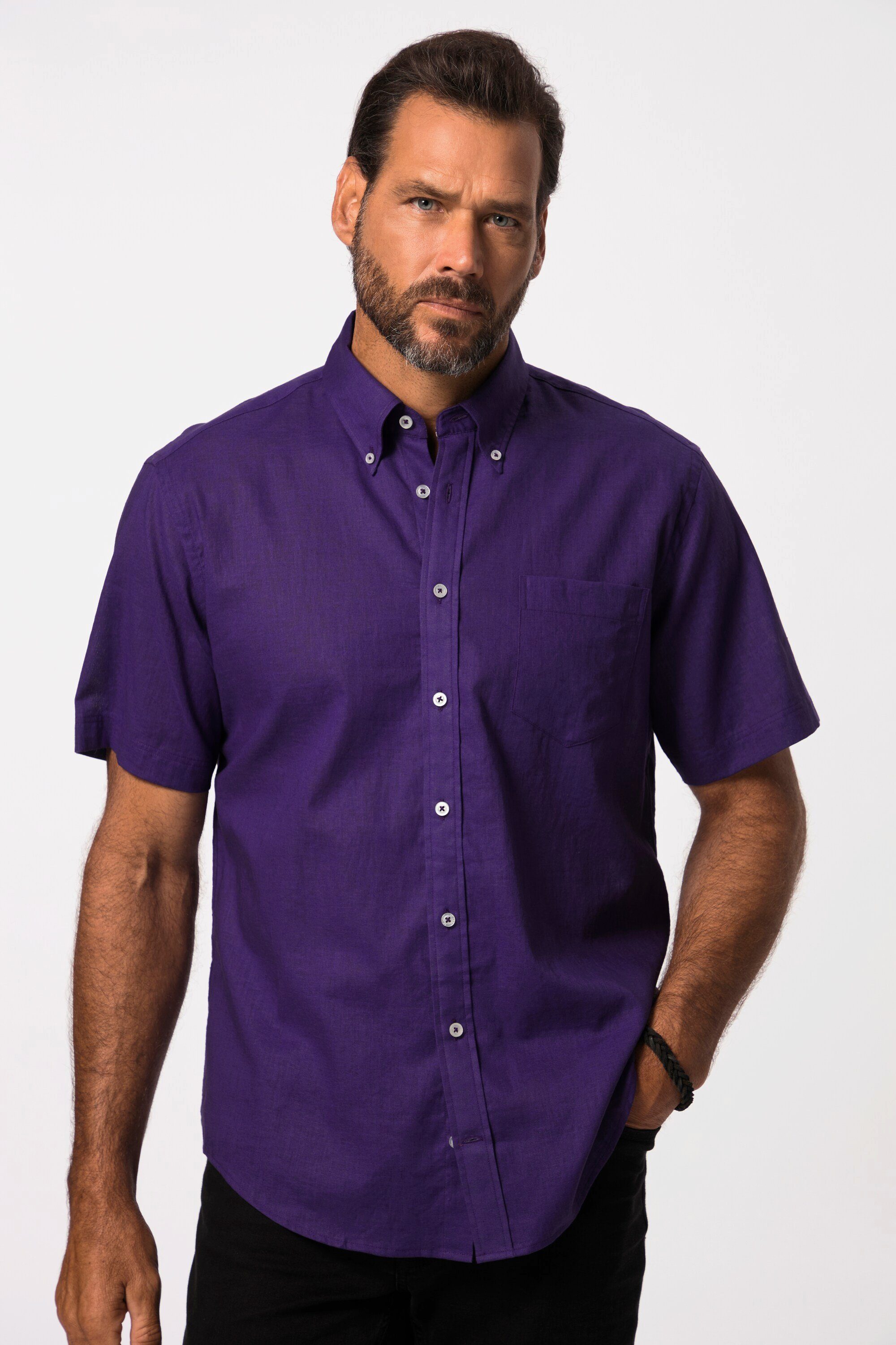 Kurzarmhemd Hemd Halbarm Leinenmix Buttondown-Kragen