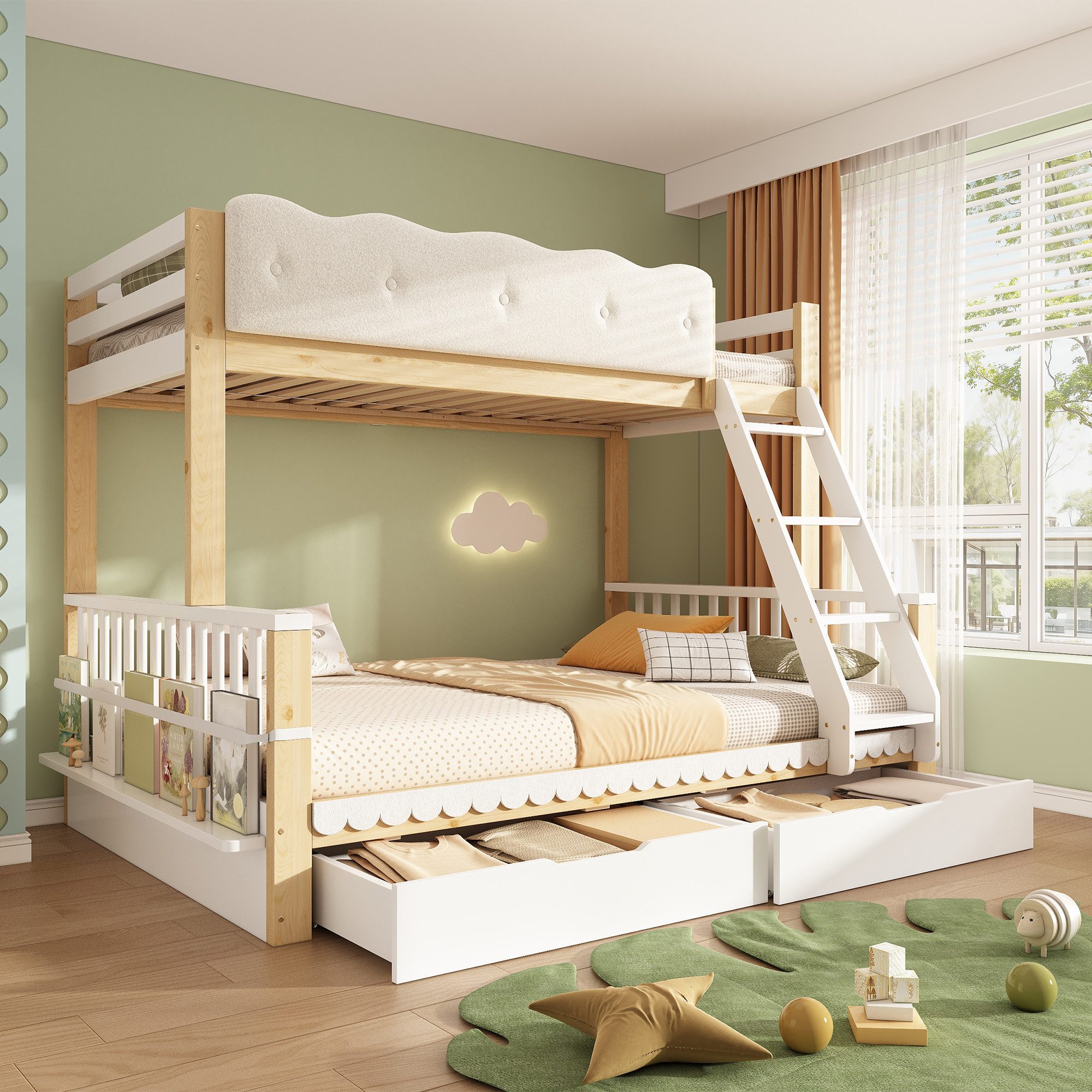 Flieks Etagenbett Kinderbett 90x200+140x200cm, mit Wolken-Geländer, Schubladen und Zeitschriftenständer