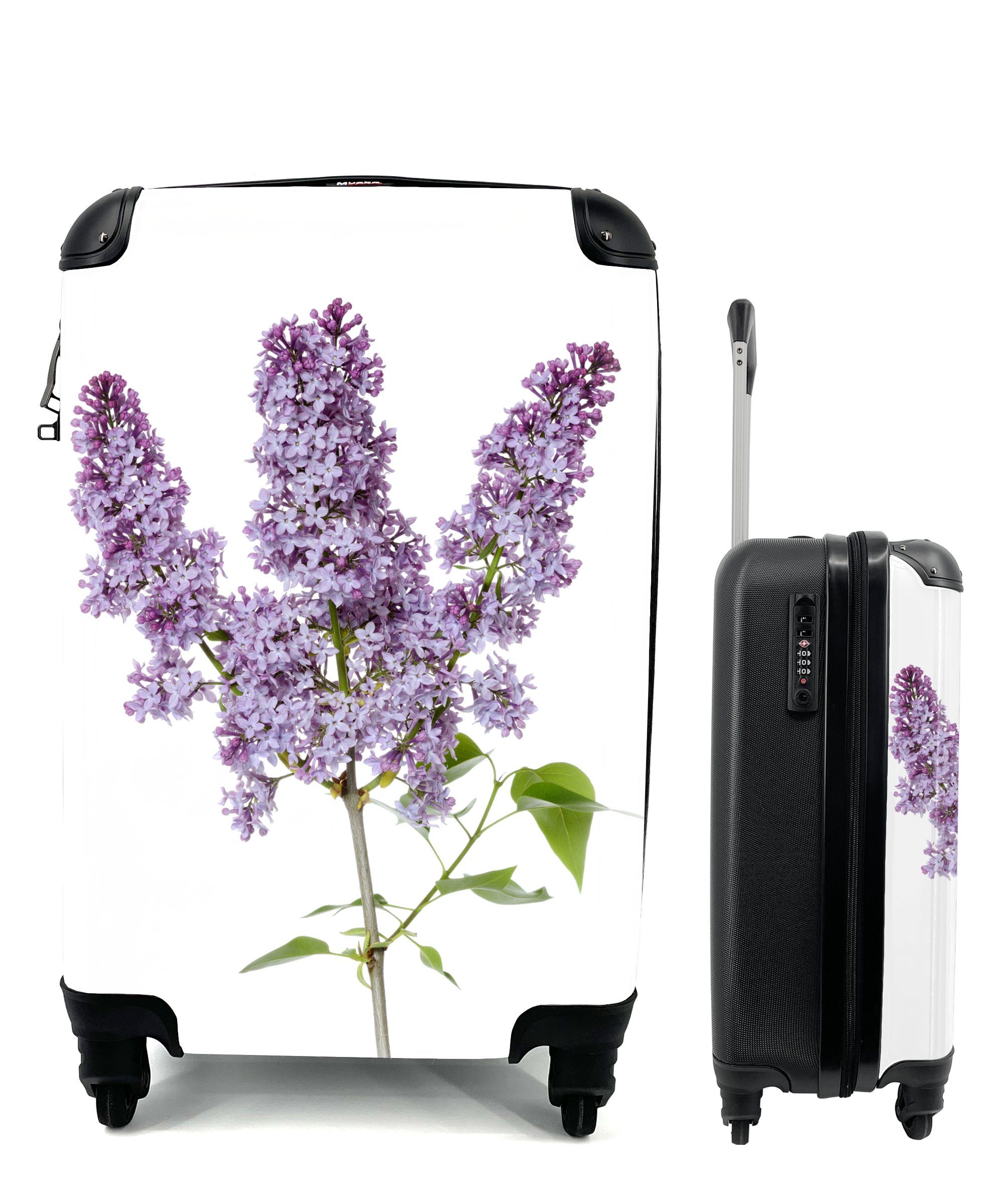 MuchoWow Handgepäckkoffer Fliederzweig in Blüte auf weißem Hintergrund, 4 Rollen, Reisetasche mit rollen, Handgepäck für Ferien, Trolley, Reisekoffer