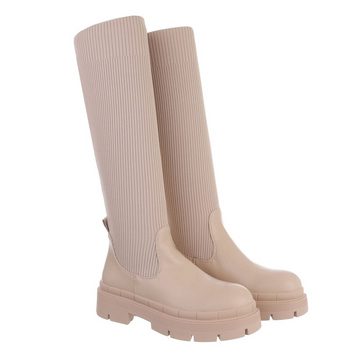 Ital-Design Damen Schlupfschuhe Freizeit Plateaustiefel Blockabsatz Plateaustiefel in Beige