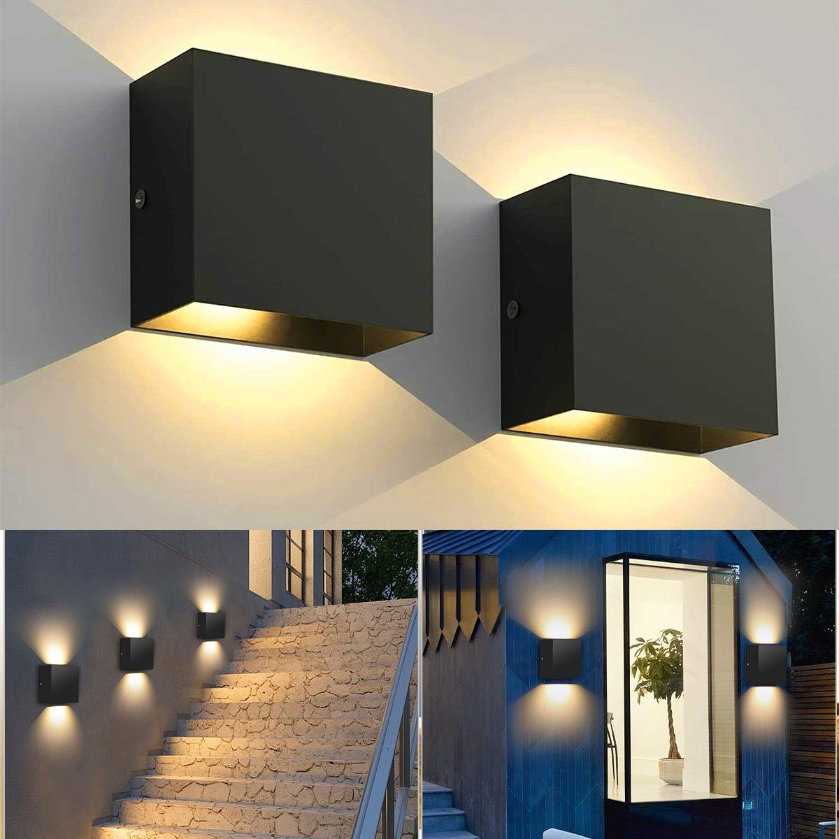 oyajia Wandleuchte 12W Wandlampe Licht, Schwarz 2 Treppe, Modern Warmweiß, LED fest Lampe, Square Up&Down Stück LED Schlafzimmer, wasserdicht, Würfel Garden IP65 Flur, Wohnzimmer, für integriert, Wandleuchte