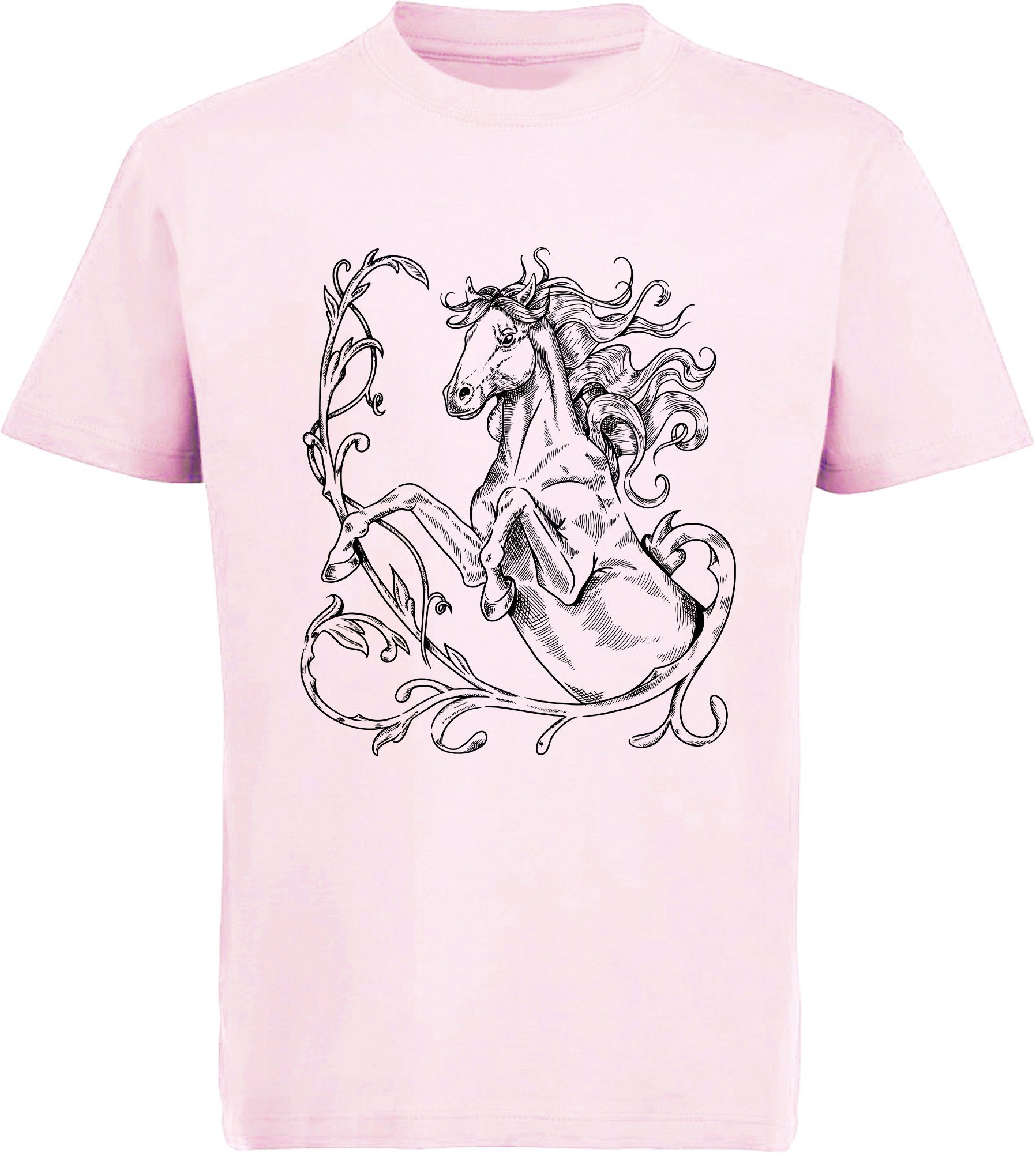 MyDesign24 Print-Shirt bedrucktes Mädchen T-Shirt Aufdruck, Baumwollshirt Silhouette i146 stehende mit Pferde rosa
