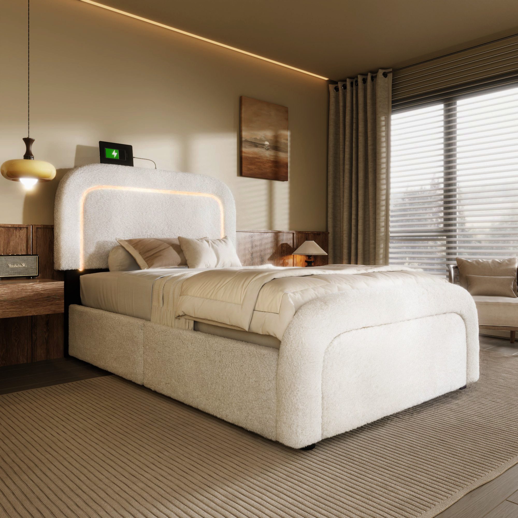 BlingBin Polsterbett Einzelbett Bettgestell (1-tlg., mit USB Typ C Ladefunktion LED-Beleuchtung, 90x200cm), Höhenverstellbarem Kopfteil, Sherp-Weiß