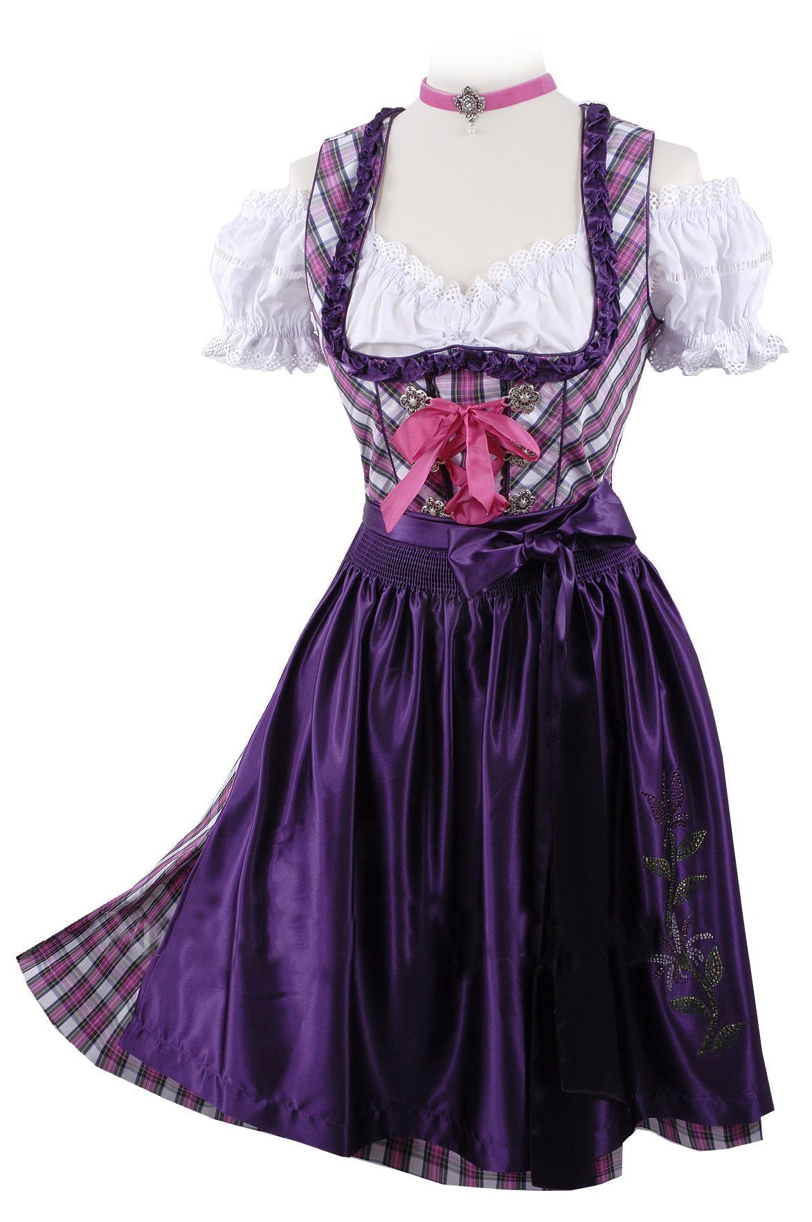 Dirndl Mini-Dirndl kurz Damen - Dirndl Mini Lila-Pink Trachtenkleid Oktoberfest Wiesn-Dirndl 60 cm