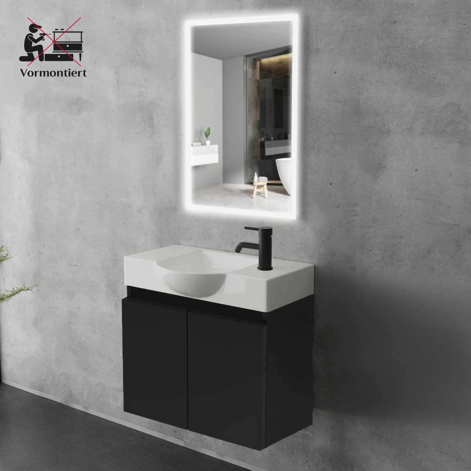 Alpenberger Badmöbel-Set Gäste WC Waschbecken mit Unterschrank 55 cm Breit, (Schwarzer Badschrank Klein, Waschtischunterschrank mit Softclose), Keramik Einbauwaschbecken Eckig Oval
